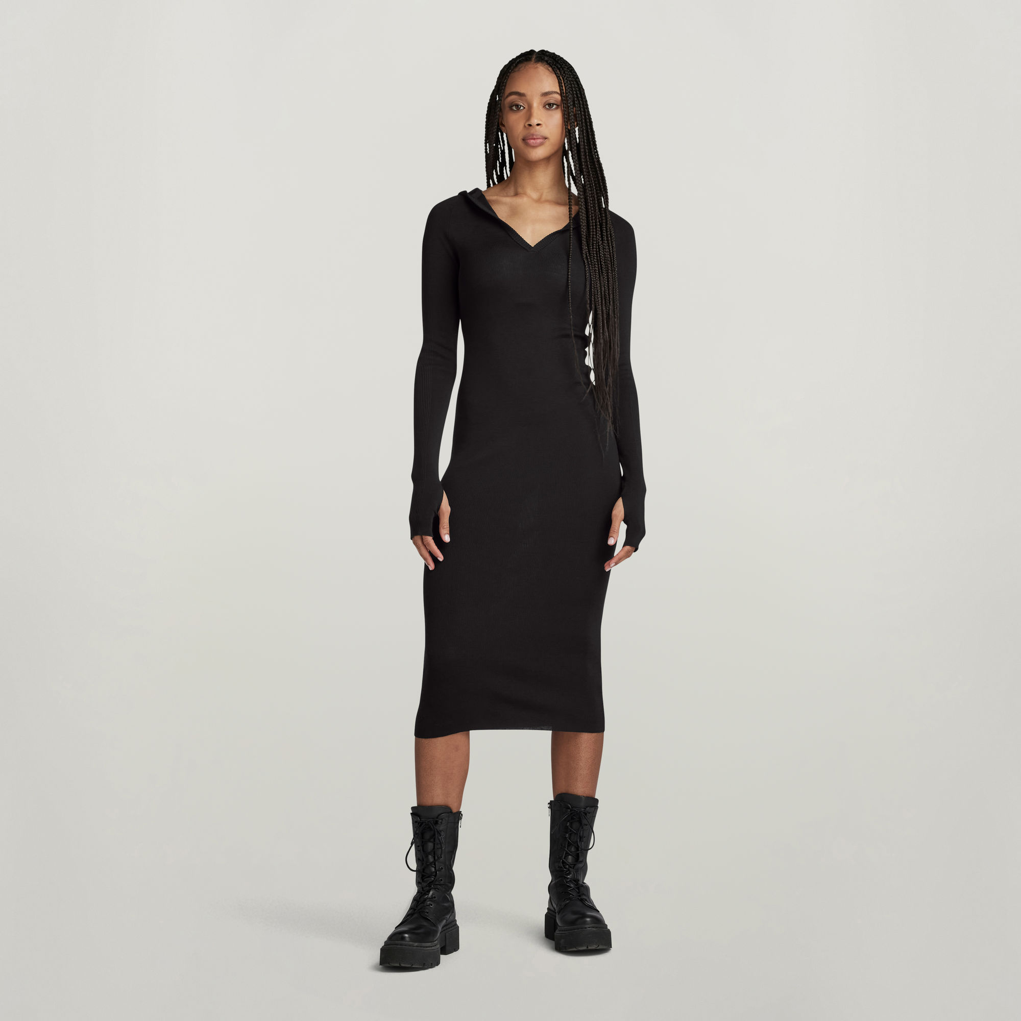 

Hooded Slim Knitted Dress - Black - Women