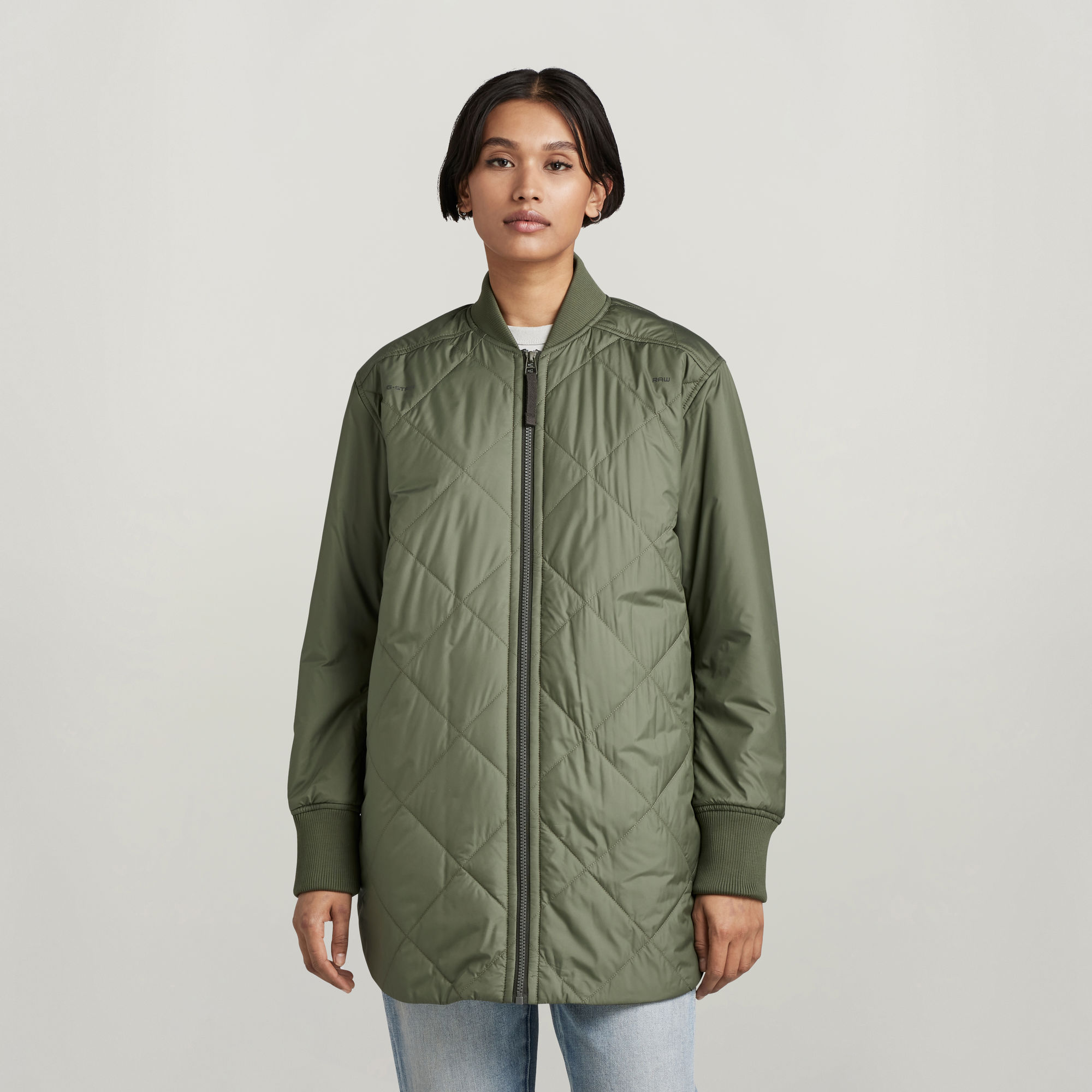 Padded Bomber Collar Jacke - Grün - Damen