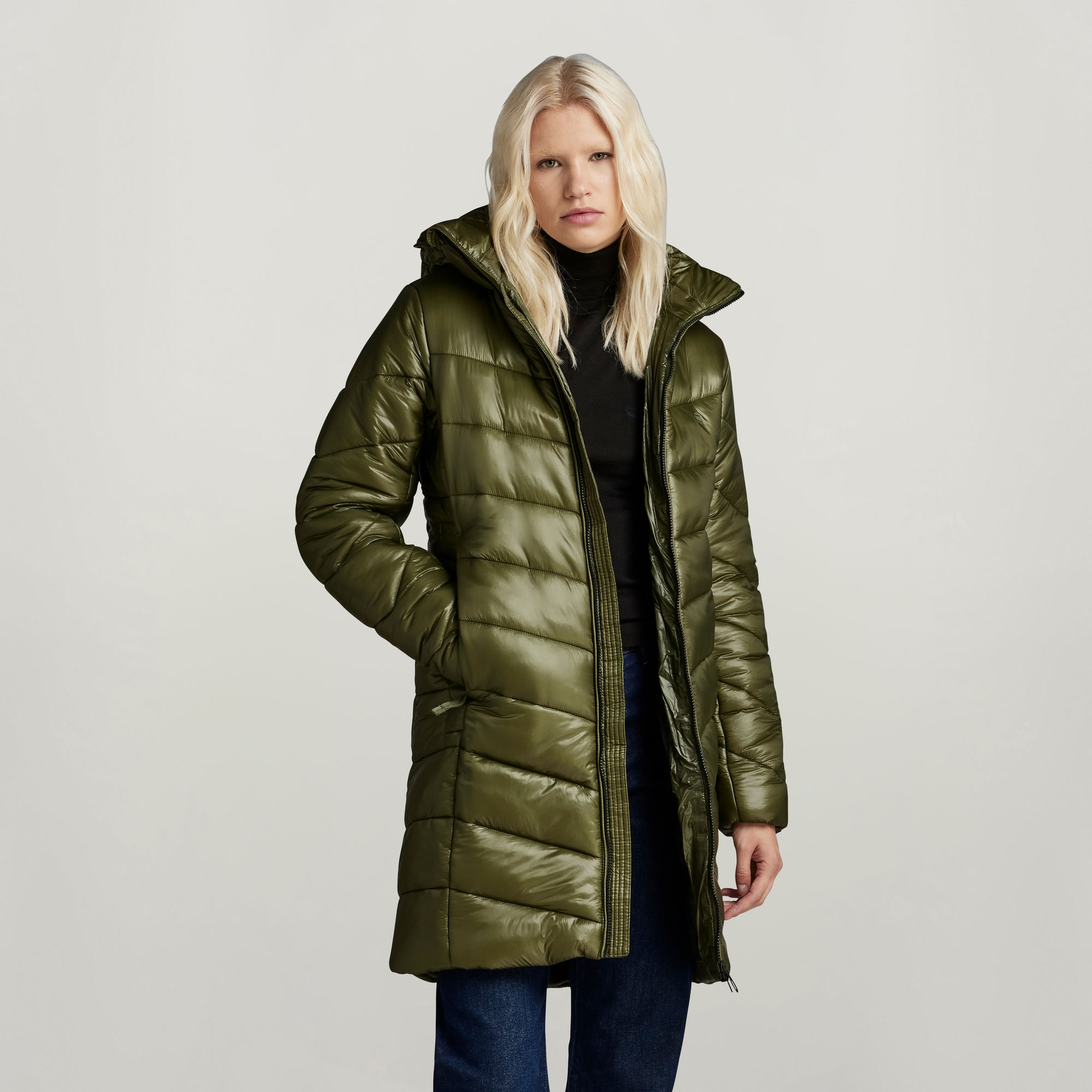 Slim Hooded Long Mantel - Grün - Damen