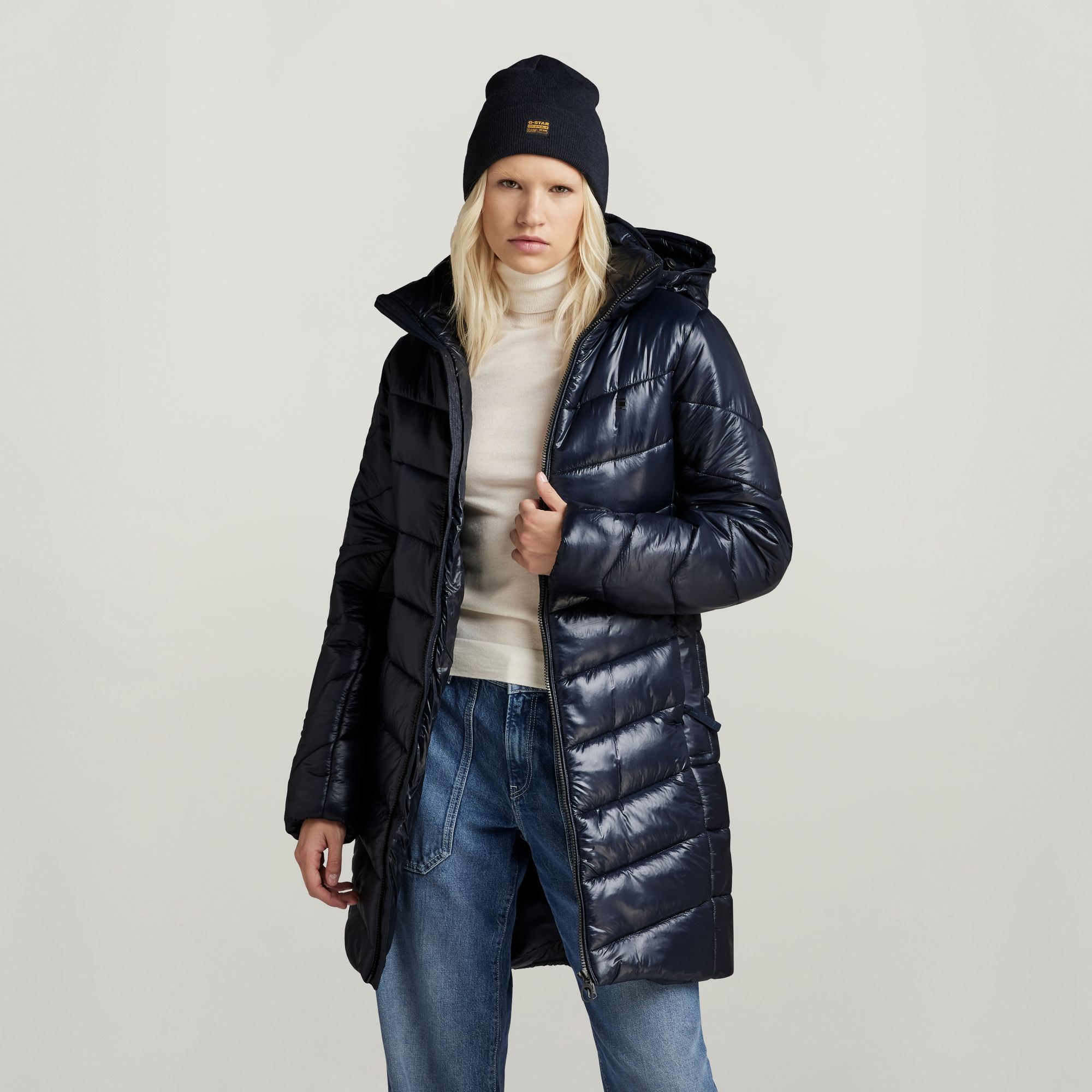 G-Star RAW Lange Jas Met Capuchon Slim Donkerblauw Dames