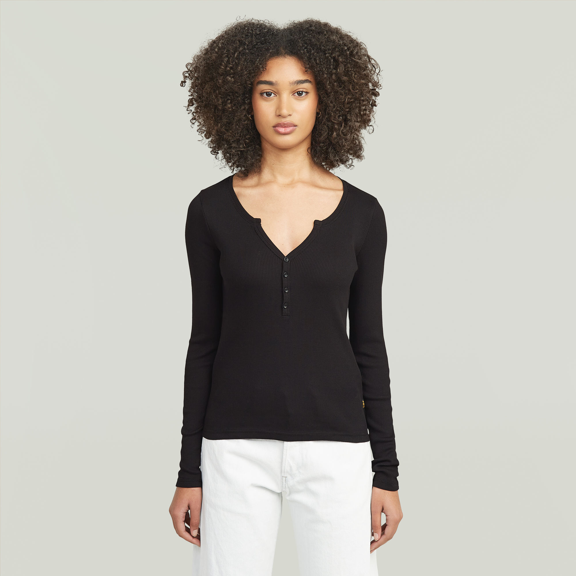 

Deep V Henley Slim Top - Black - Women