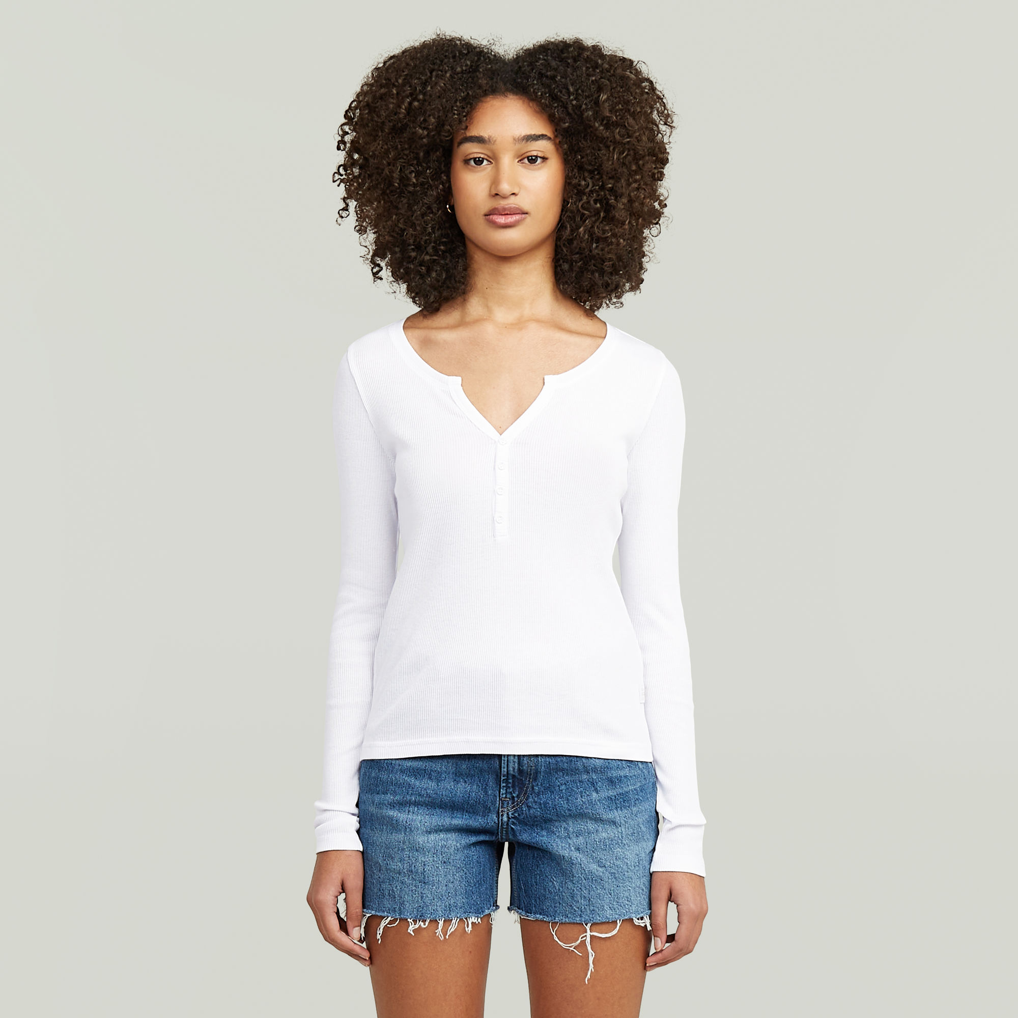 

Deep V Henley Slim Top - Weiß - Damen