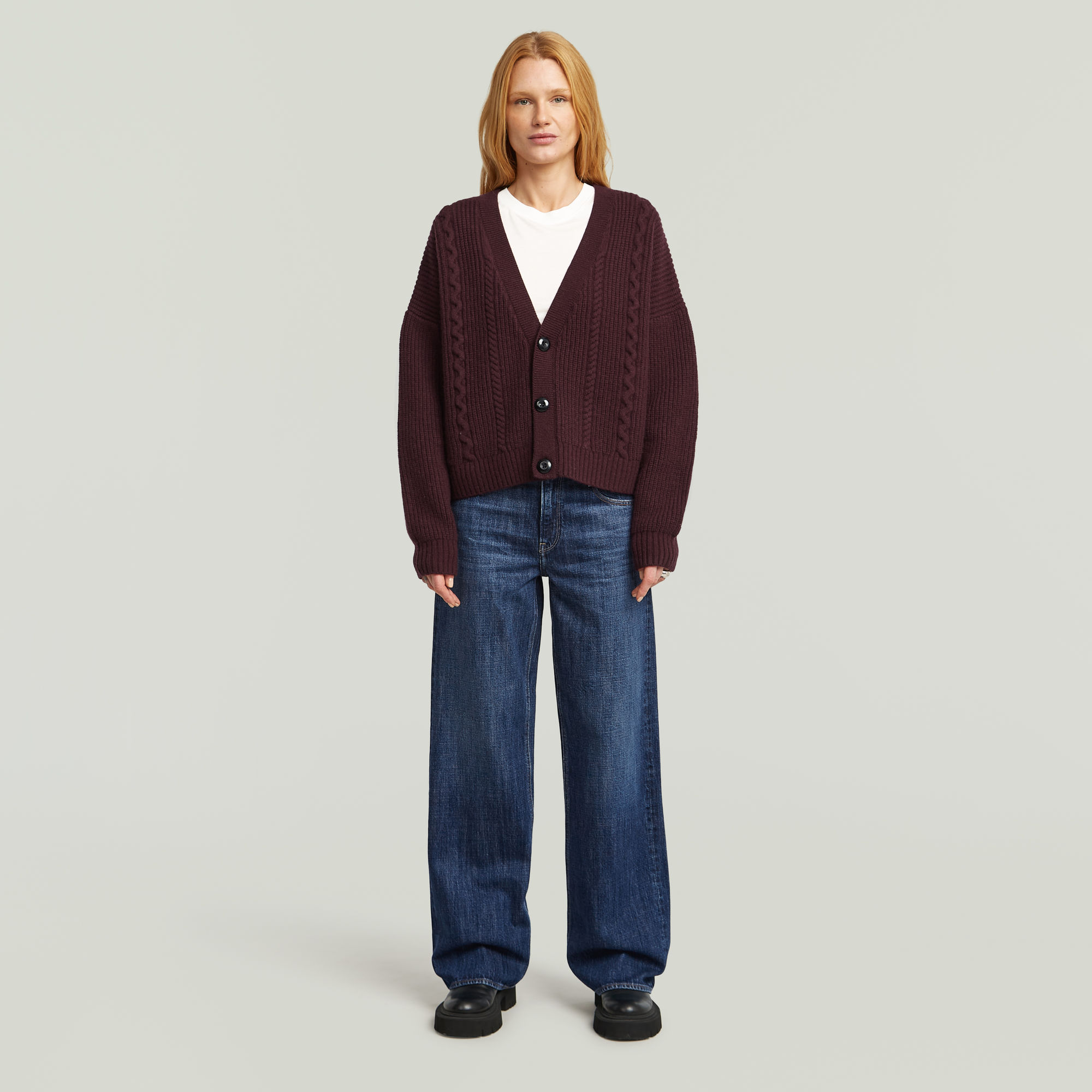 Thumbnail - Cable Cropped Cardi Knit - Rot - Damen