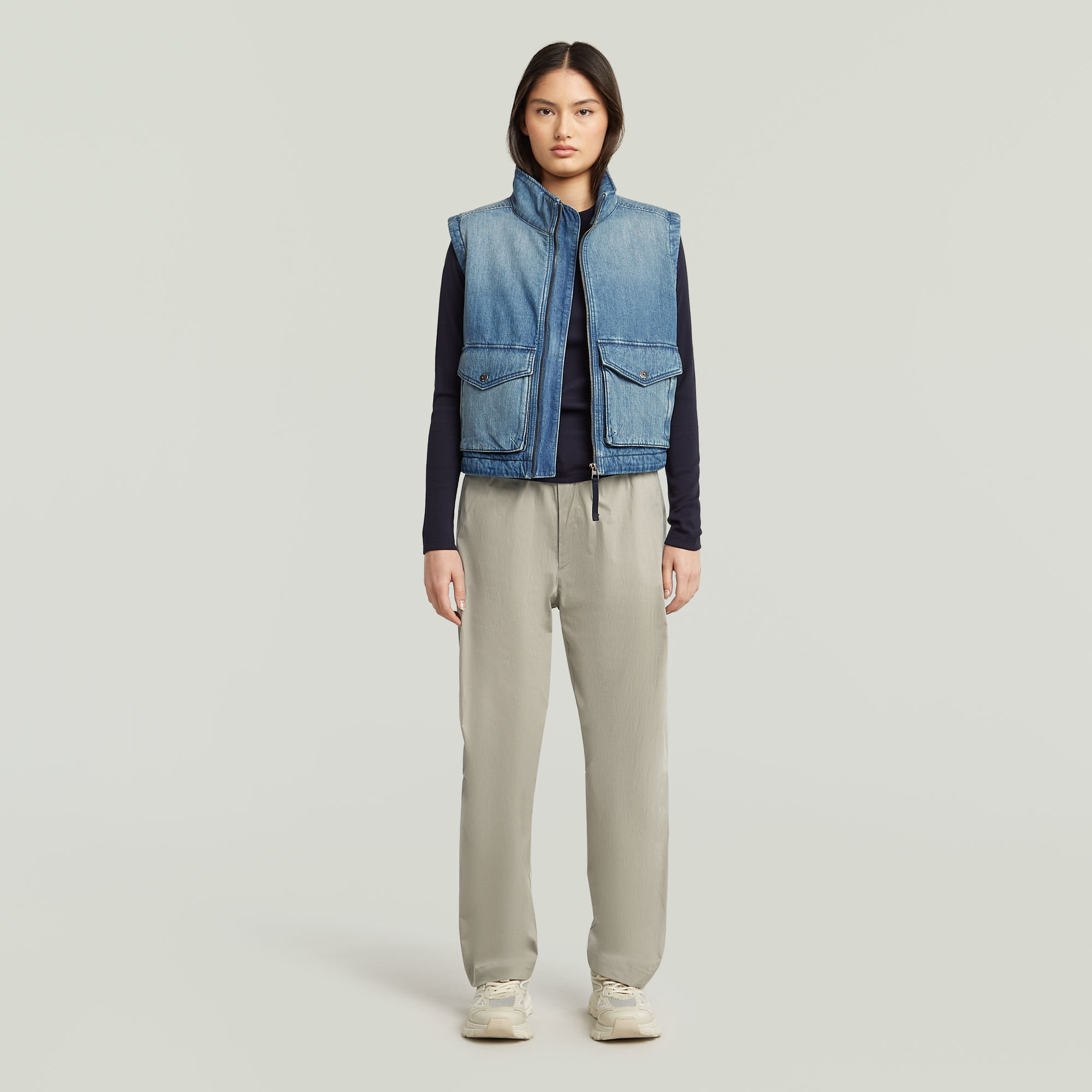 Thumbnail - 2-Pocket Padded Zip Weste - Mittelblau - Damen