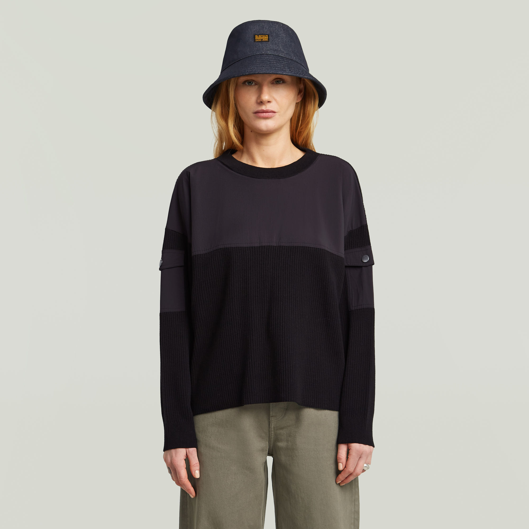 Woven Mix Ribbed Knit - Schwarz - Damen