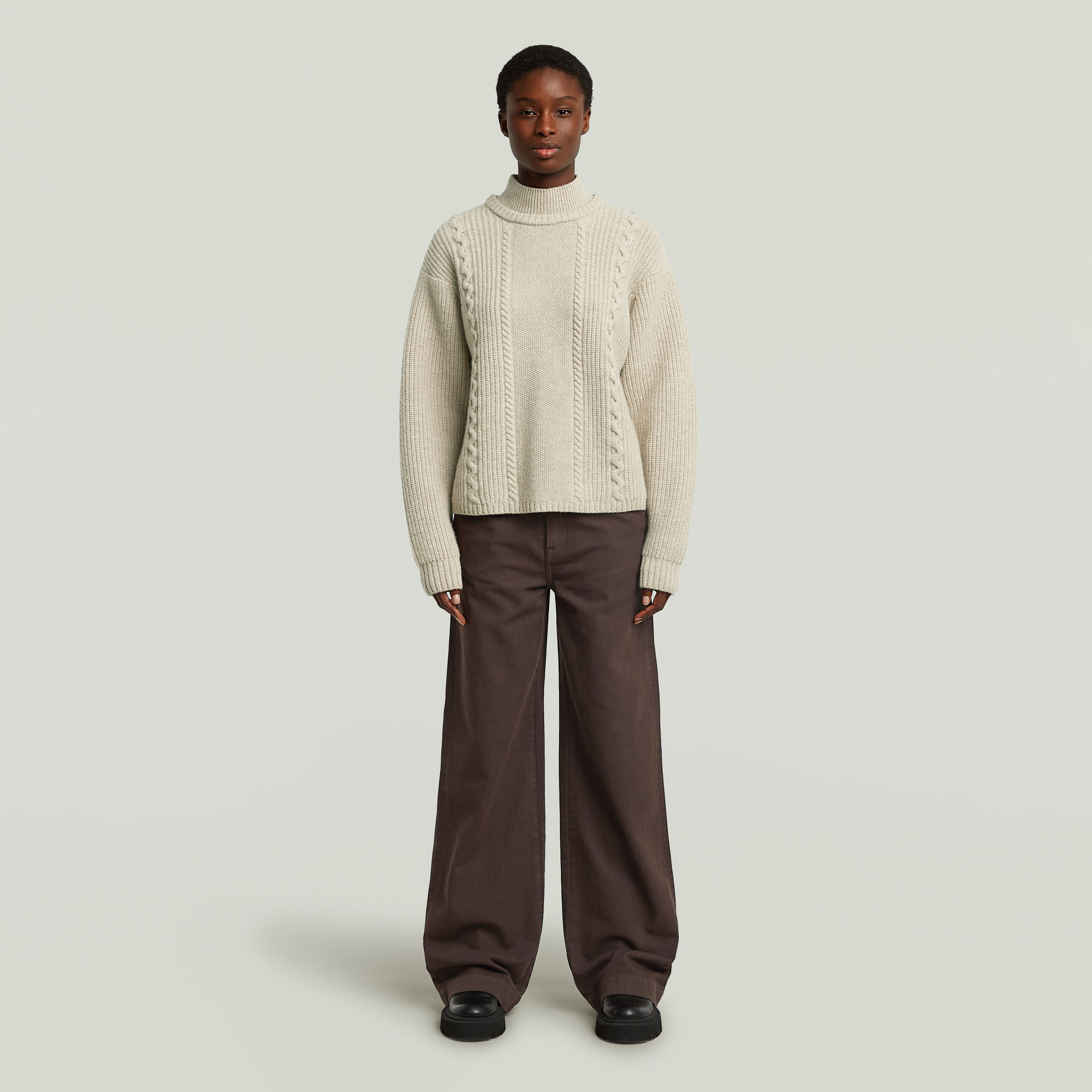 Thumbnail - Cable Double Collar Knit - Mehrfarbig - Damen