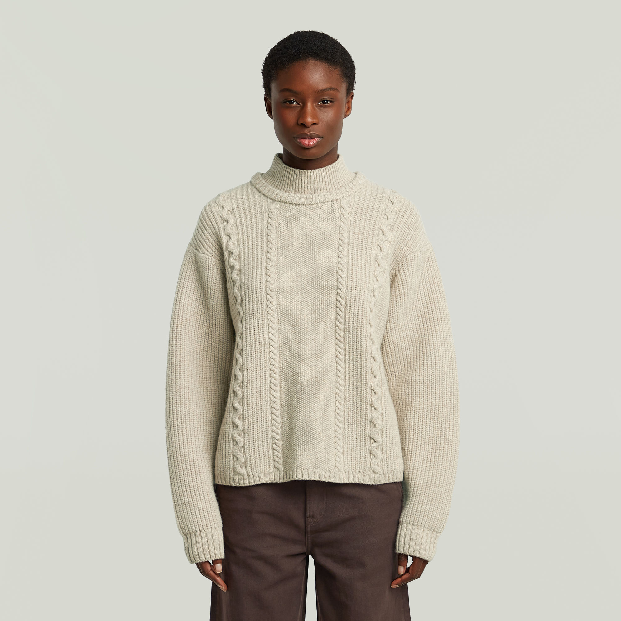 Cable Double Collar Knit - Mehrfarbig - Damen