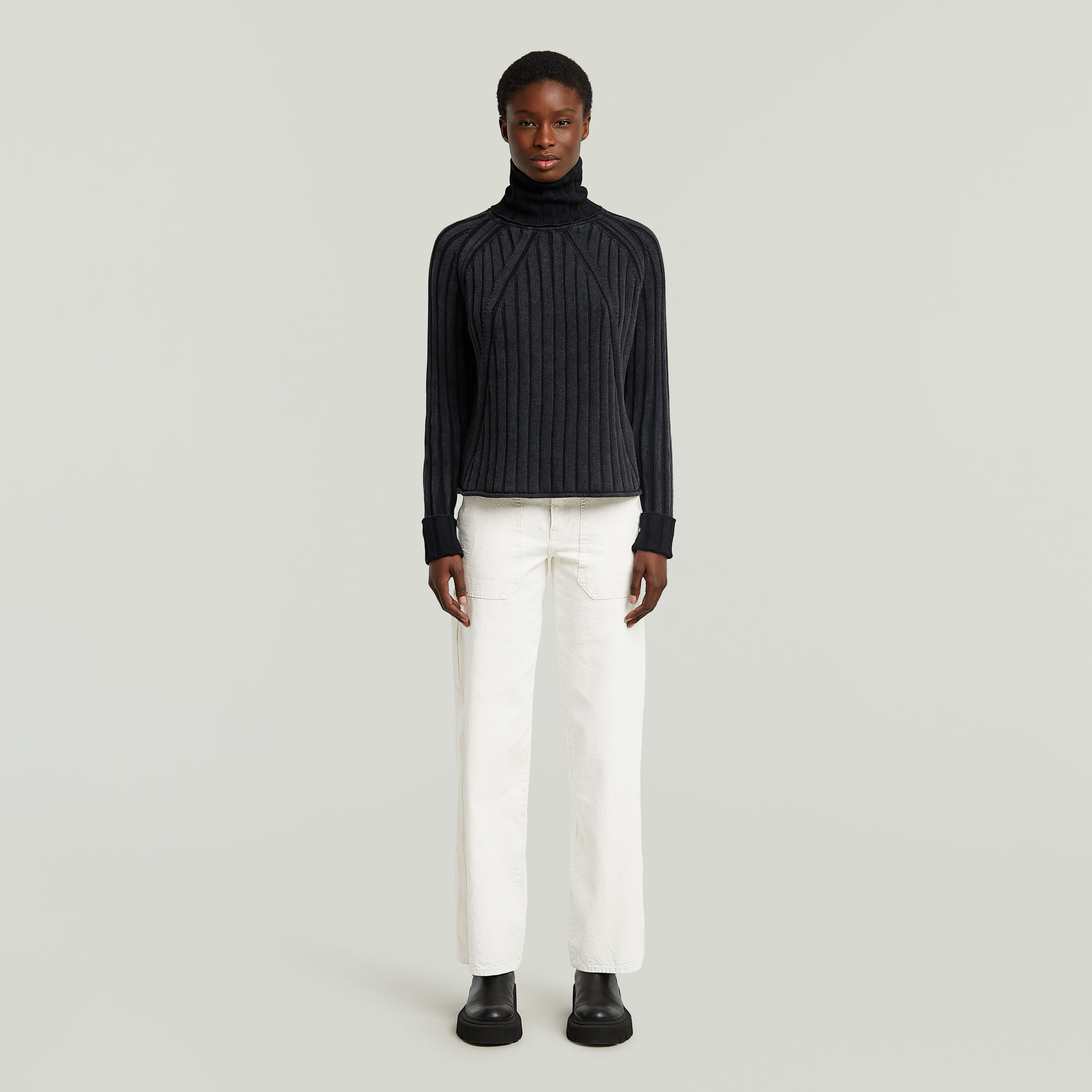 Thumbnail - Washed Loose Turtle Knit - Schwarz - Damen