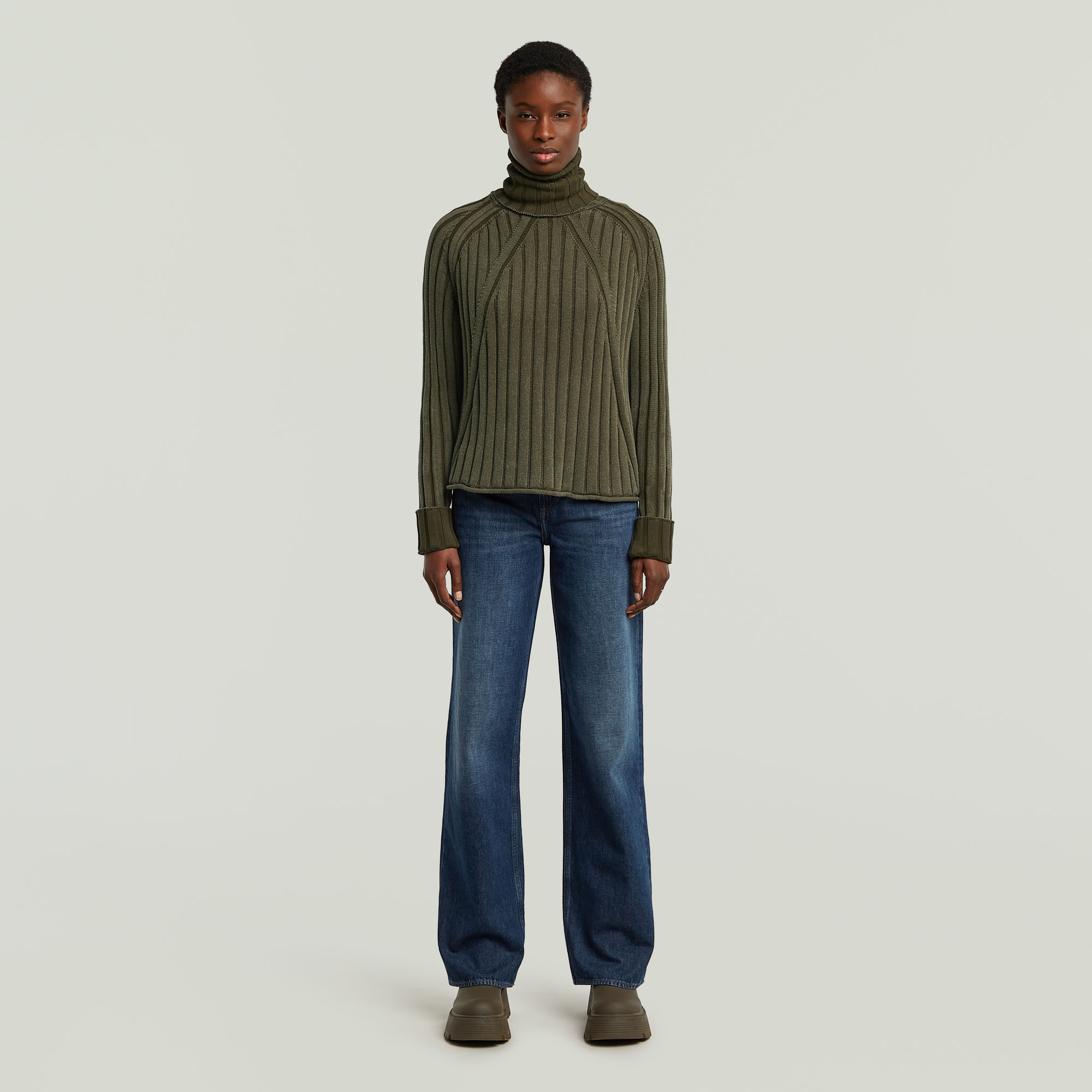 Thumbnail - Washed Loose Turtle Knit - Grün - Damen