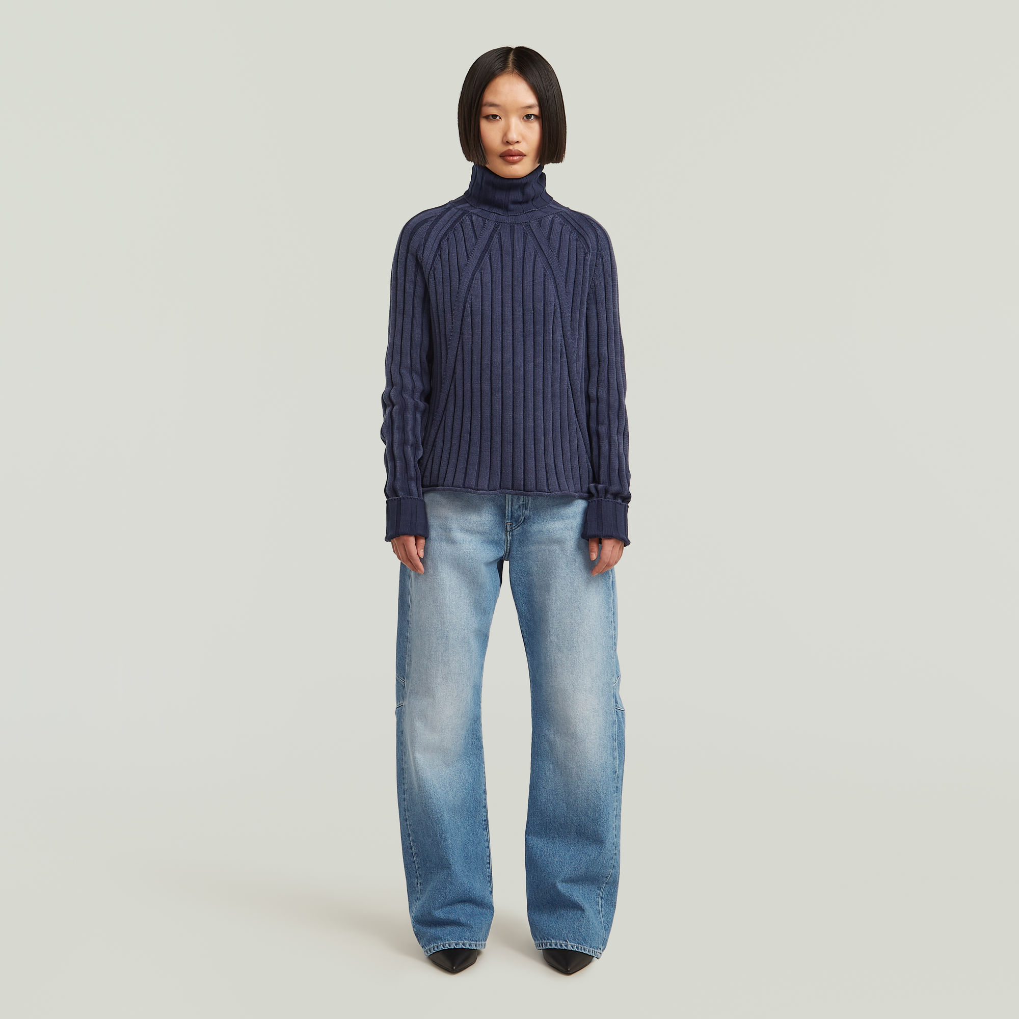 Thumbnail - Washed Loose Turtle Knit - Dunkelblau - Damen