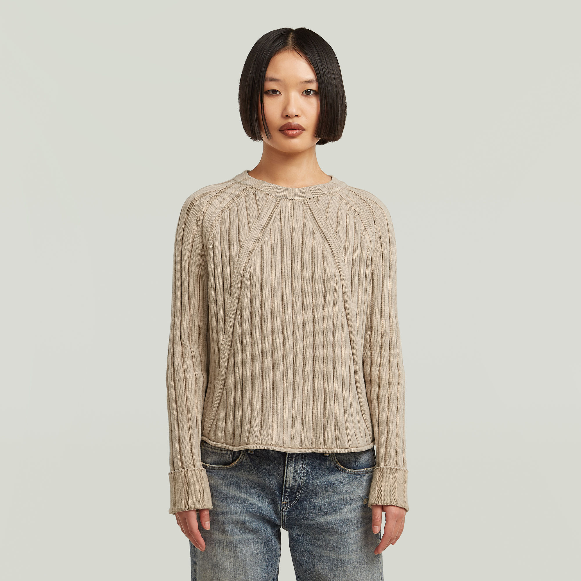 Thumbnail - Washed Loose Knit - Beige - Damen