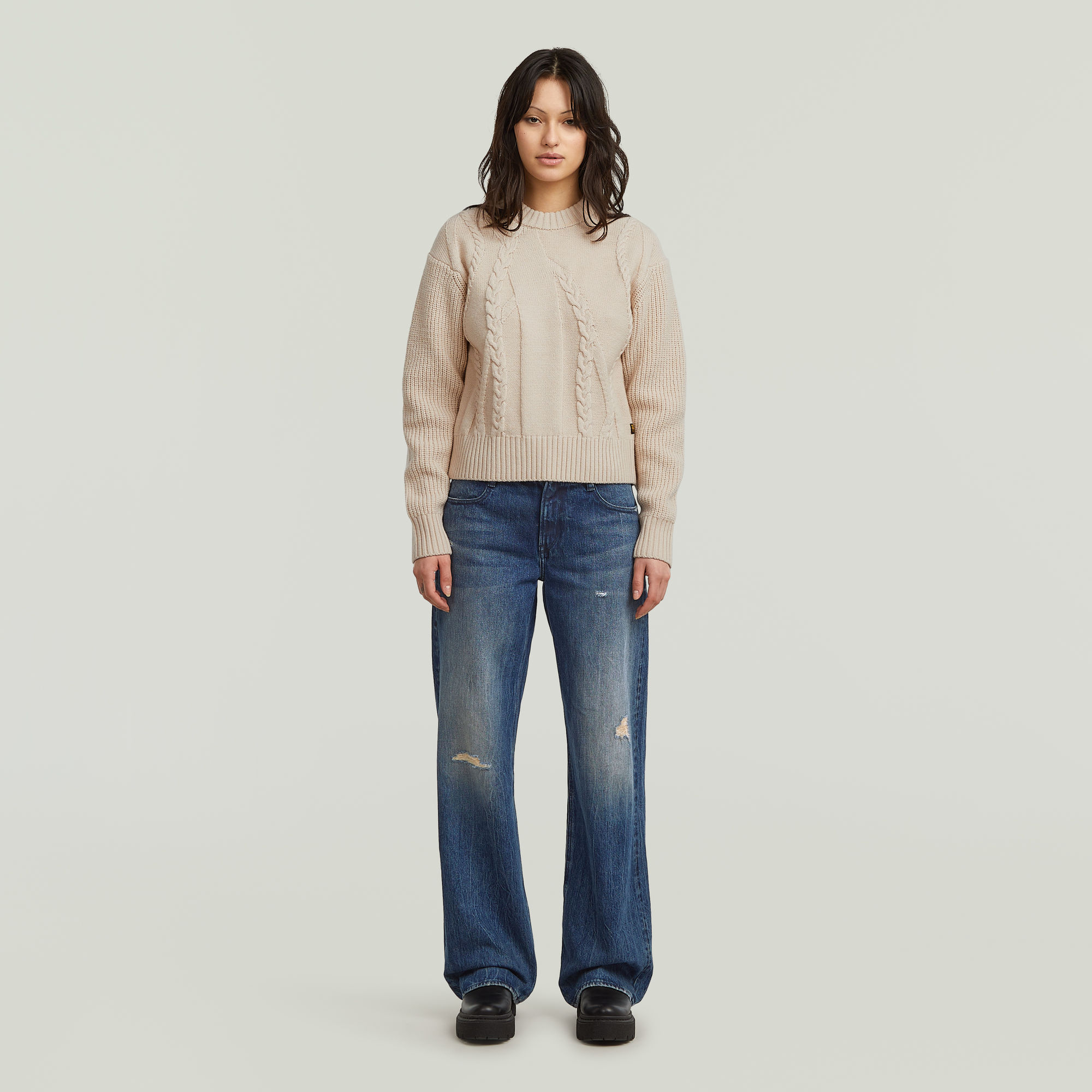 Thumbnail - Big Cable Knit Pullover - Weiß - Damen