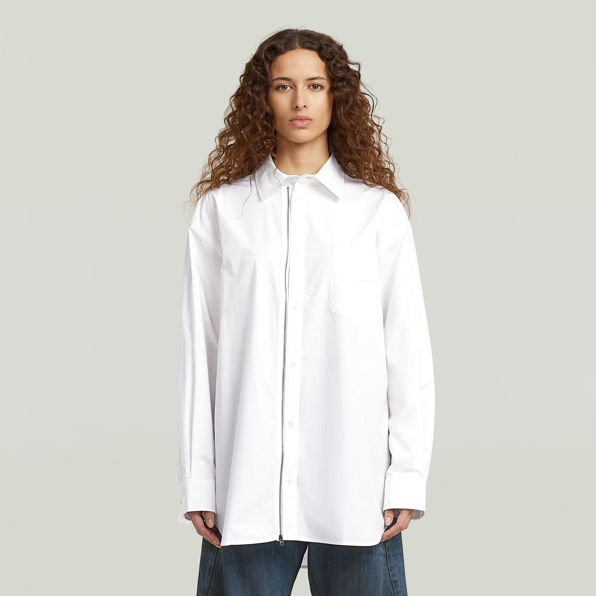 Oversized Zip Popeline-Hemd - Weiß - Damen