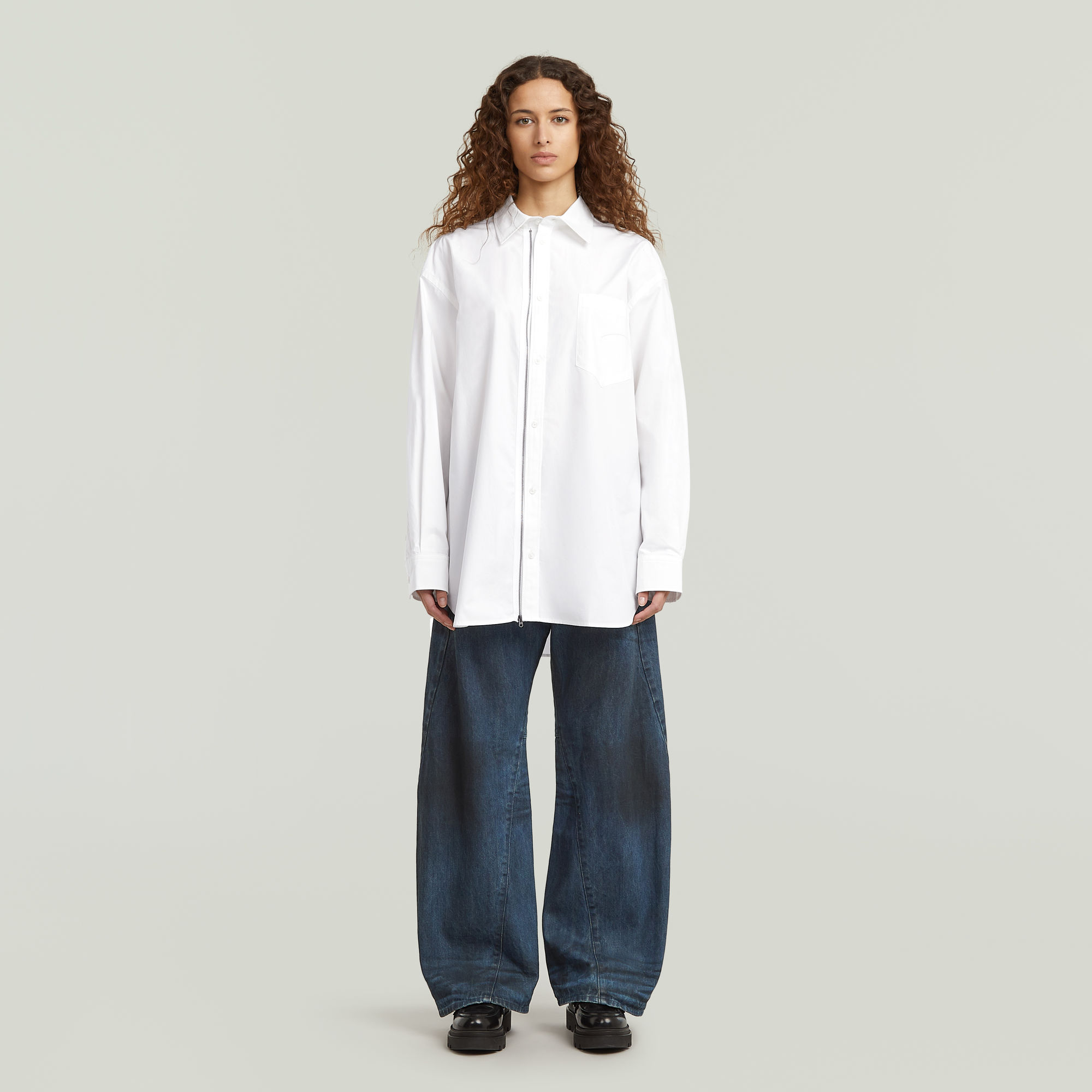 Thumbnail - Oversized Zip Popeline-Hemd - Weiß - Damen