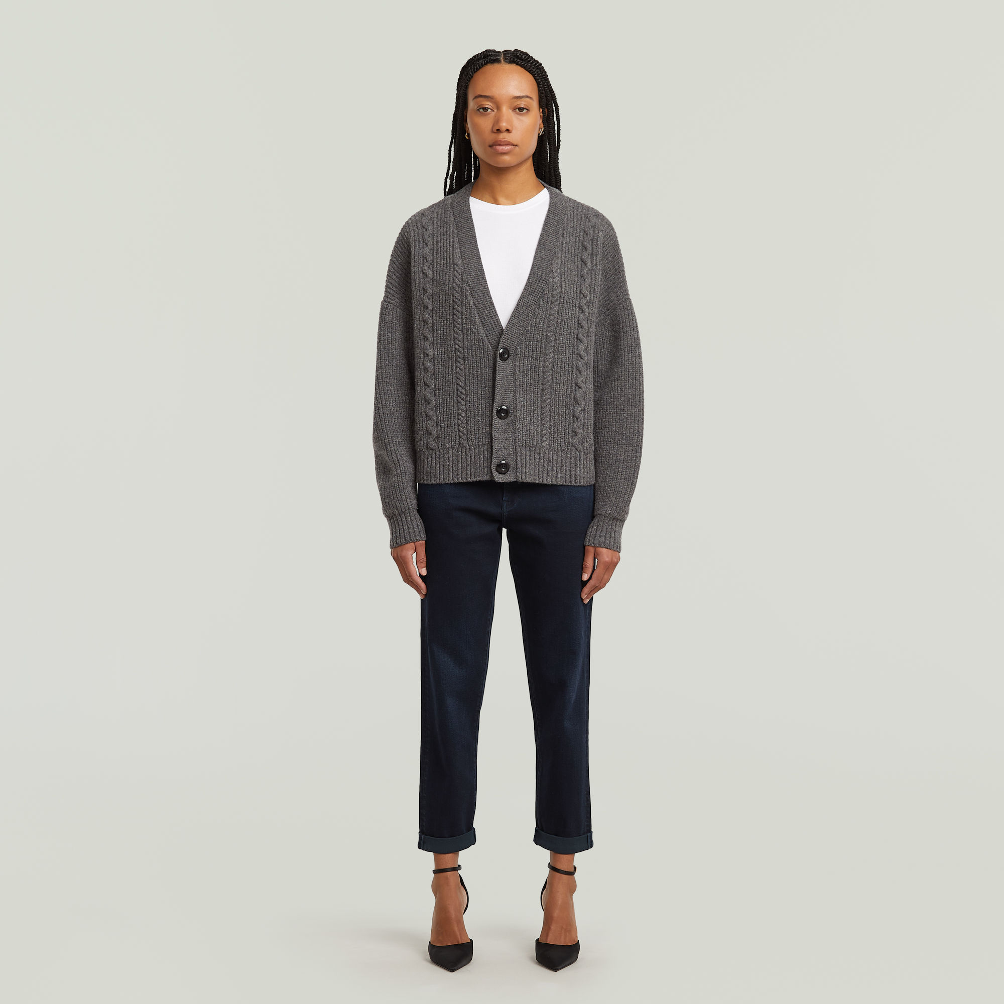 Thumbnail - Cable Cropped Cardi Knit - Mehrfarbig - Damen