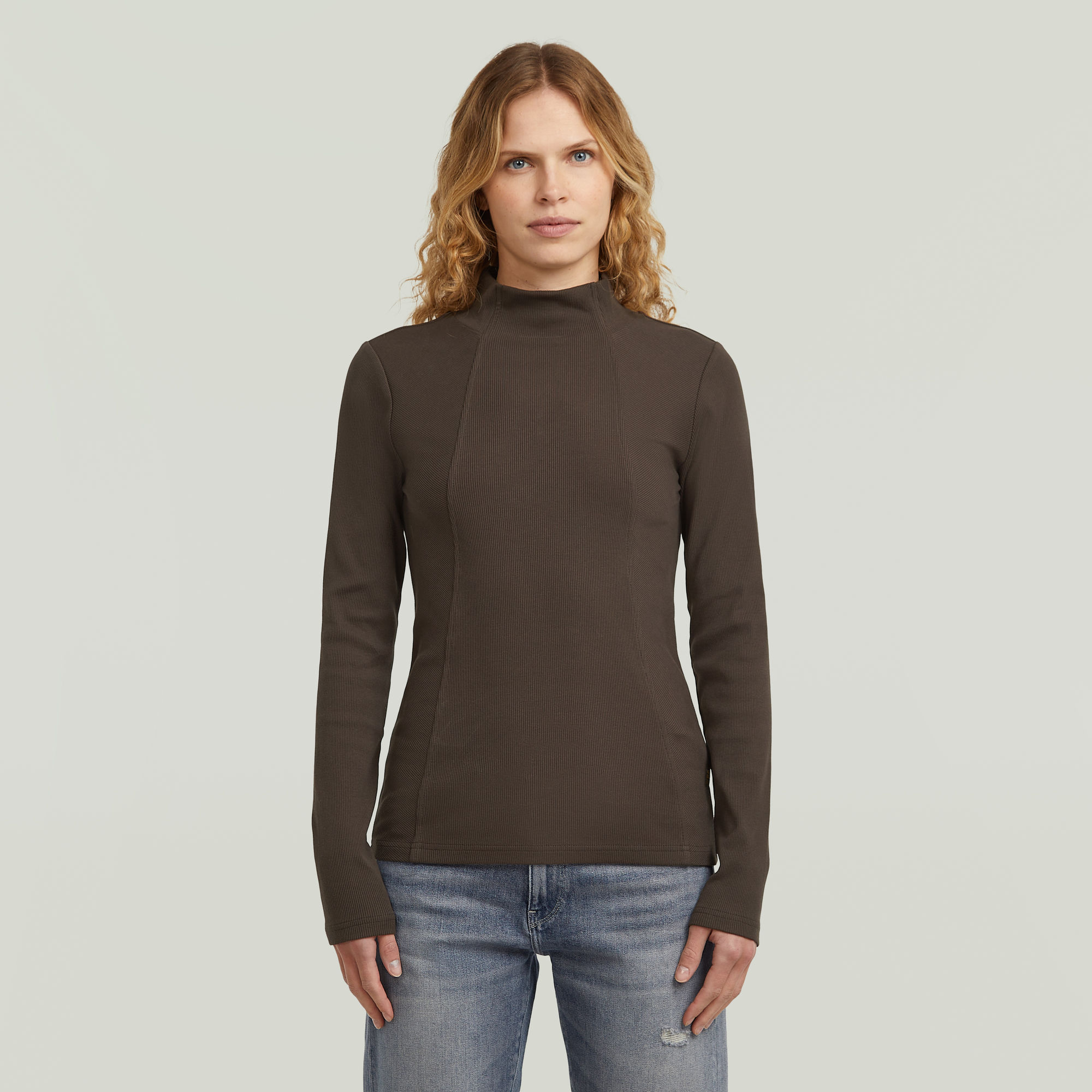 

A-Line Slim Rib Mock T-shirt - Bruin - Dames
