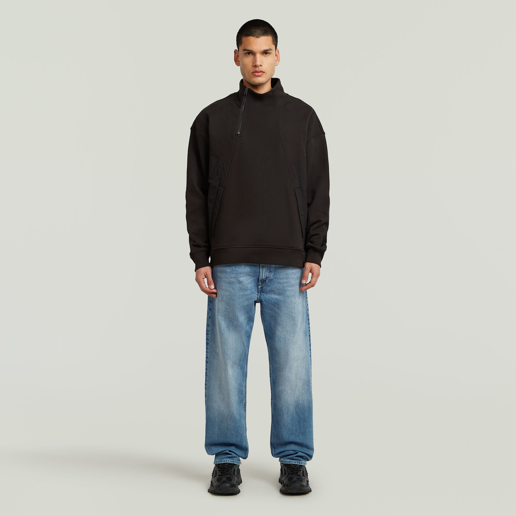 Thumbnail - Fabric Mix Half Zip Sweater - Schwarz - Herren