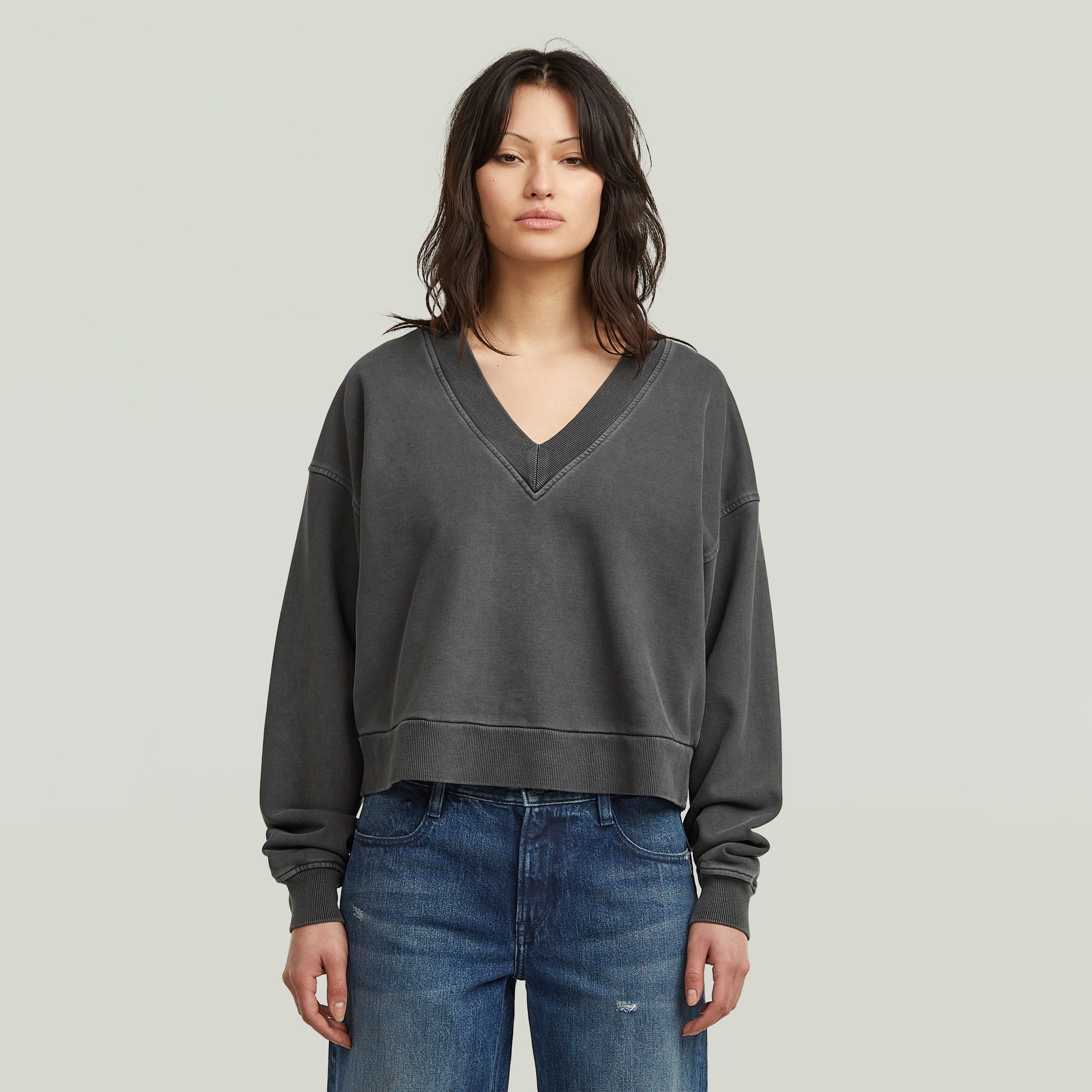 Washed Loose V Sweater - Grau - Damen
