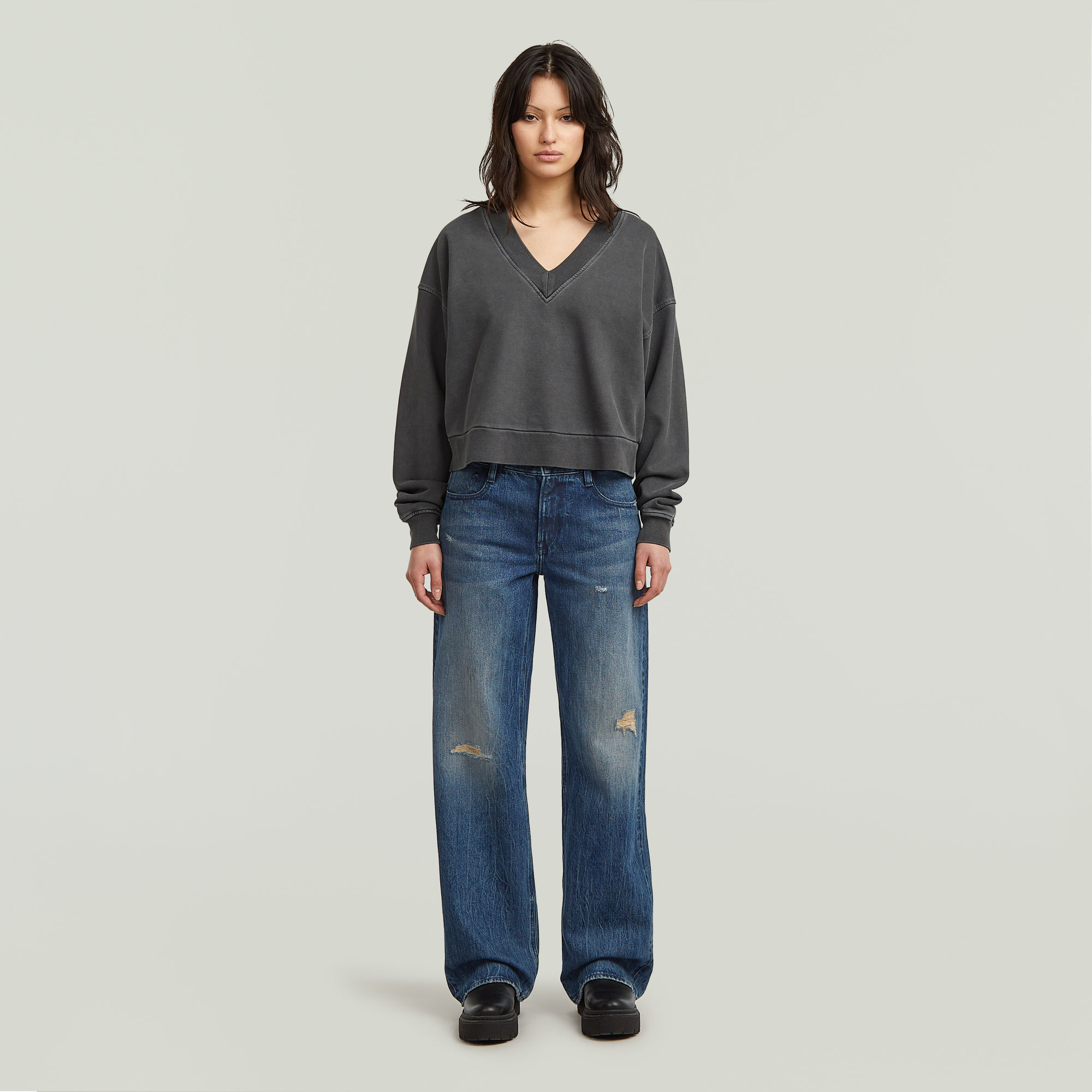 Thumbnail - Washed Loose V Sweater - Grau - Damen