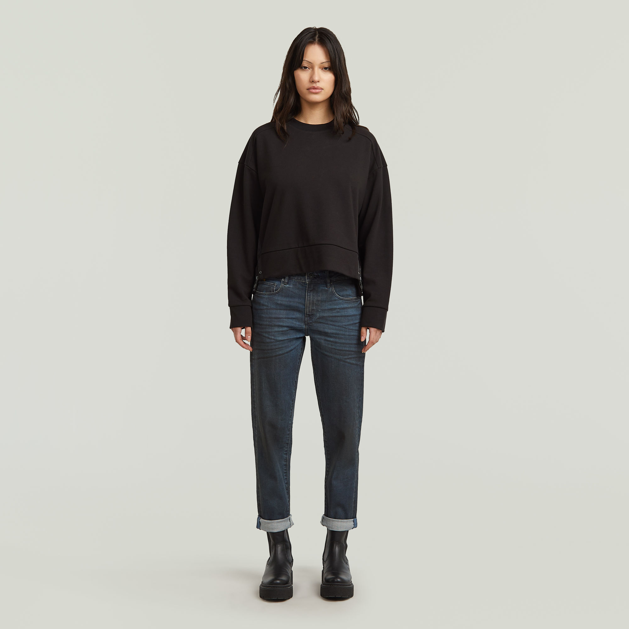 Thumbnail - Biker Zip Sweater - Schwarz - Damen