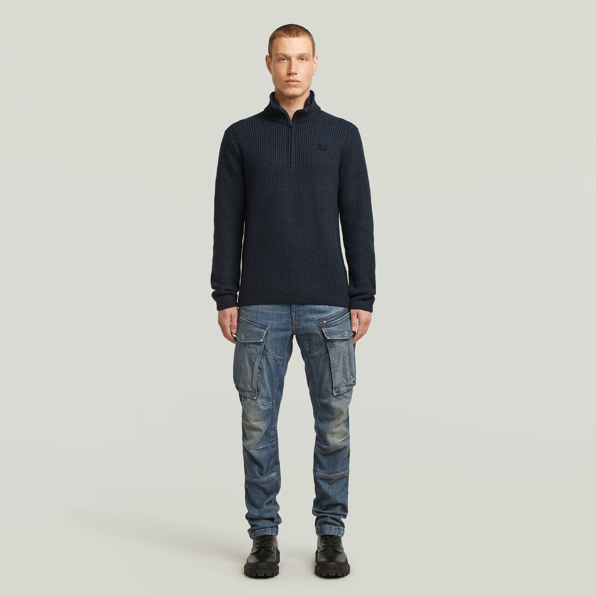 Thumbnail - Double Collar Half Zip Knit - Dunkelblau - Herren