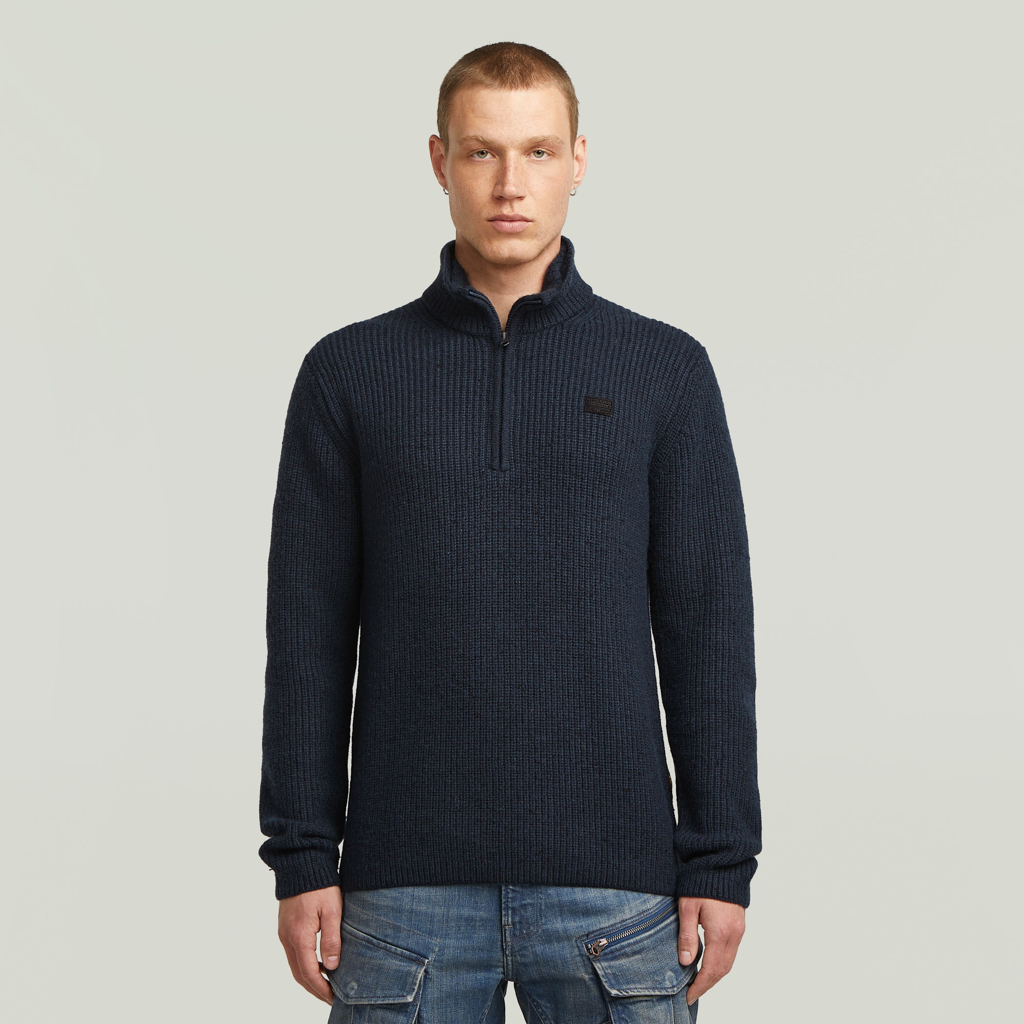 Double Collar Half Zip Knit - Dunkelblau - Herren