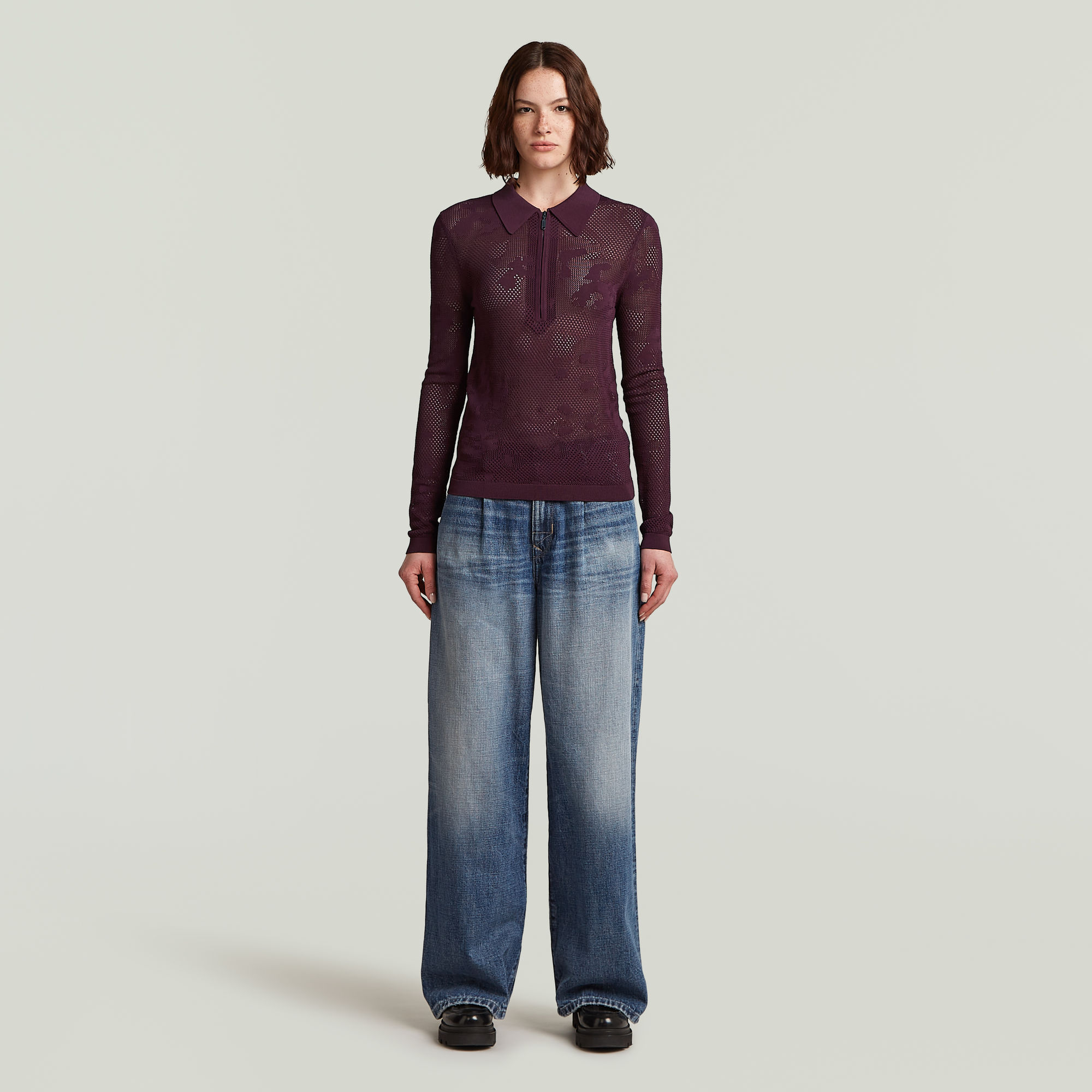 Thumbnail - Pointelle Slim Polo Knit - Rot - Damen