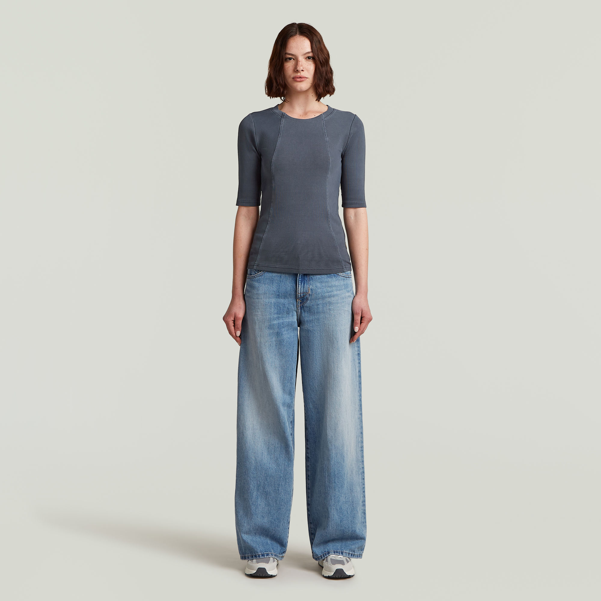 Thumbnail - Washed A-Line Slim Rib T-Shirt - Dunkelblau - Damen