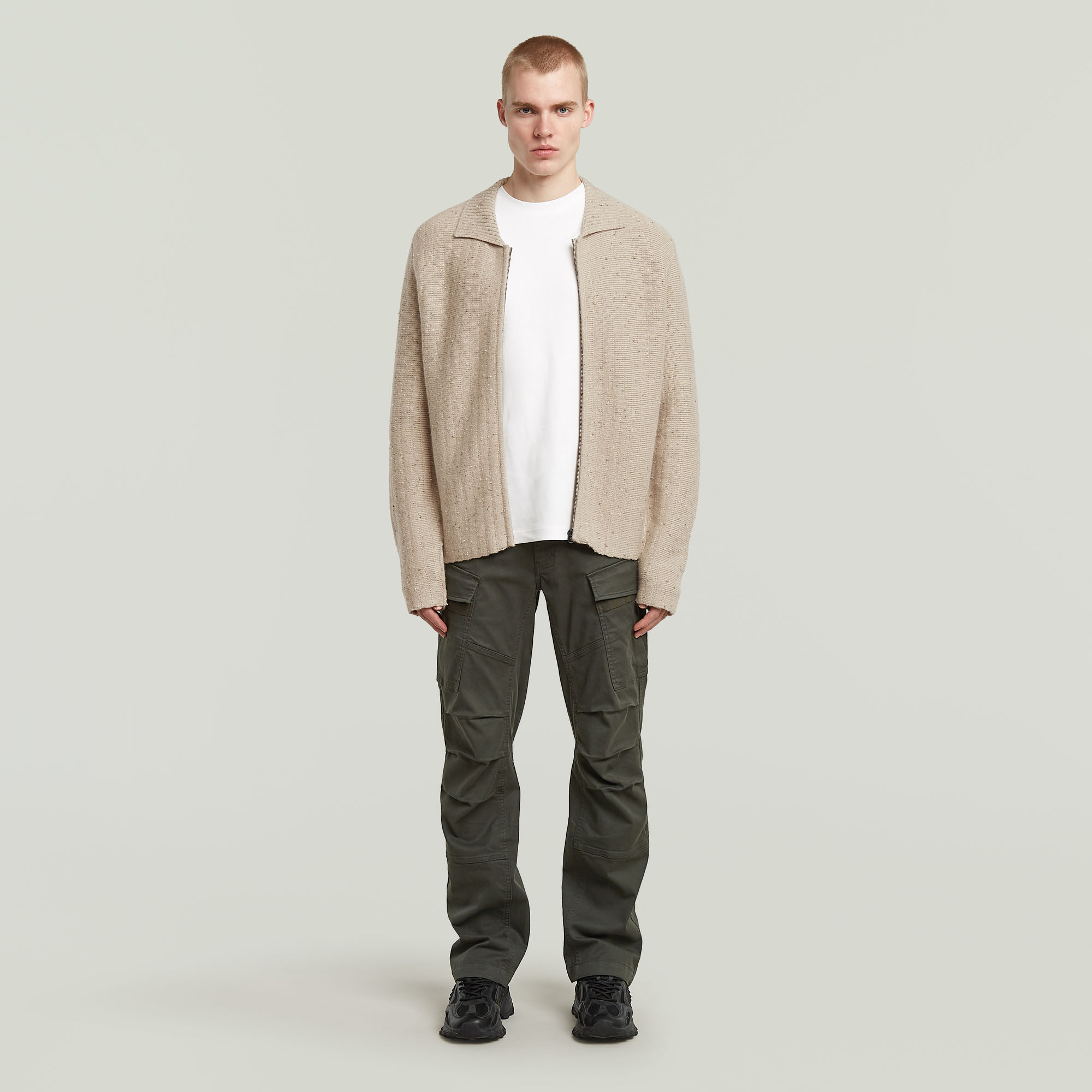 Thumbnail - Polo Collar Full Zip Knit - Beige - Herren