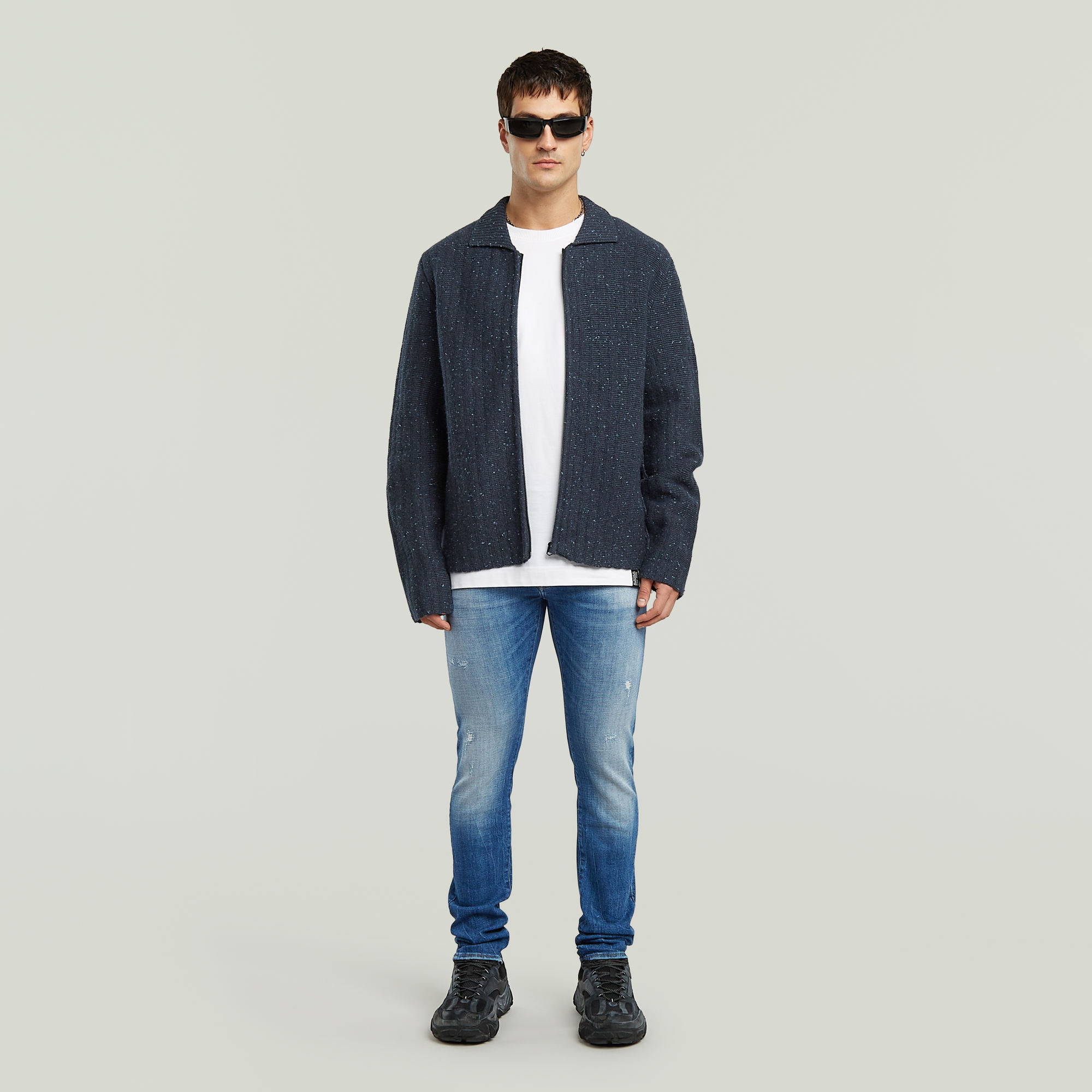 Thumbnail - Polo Collar Full Zip Knit - Dunkelblau - Herren