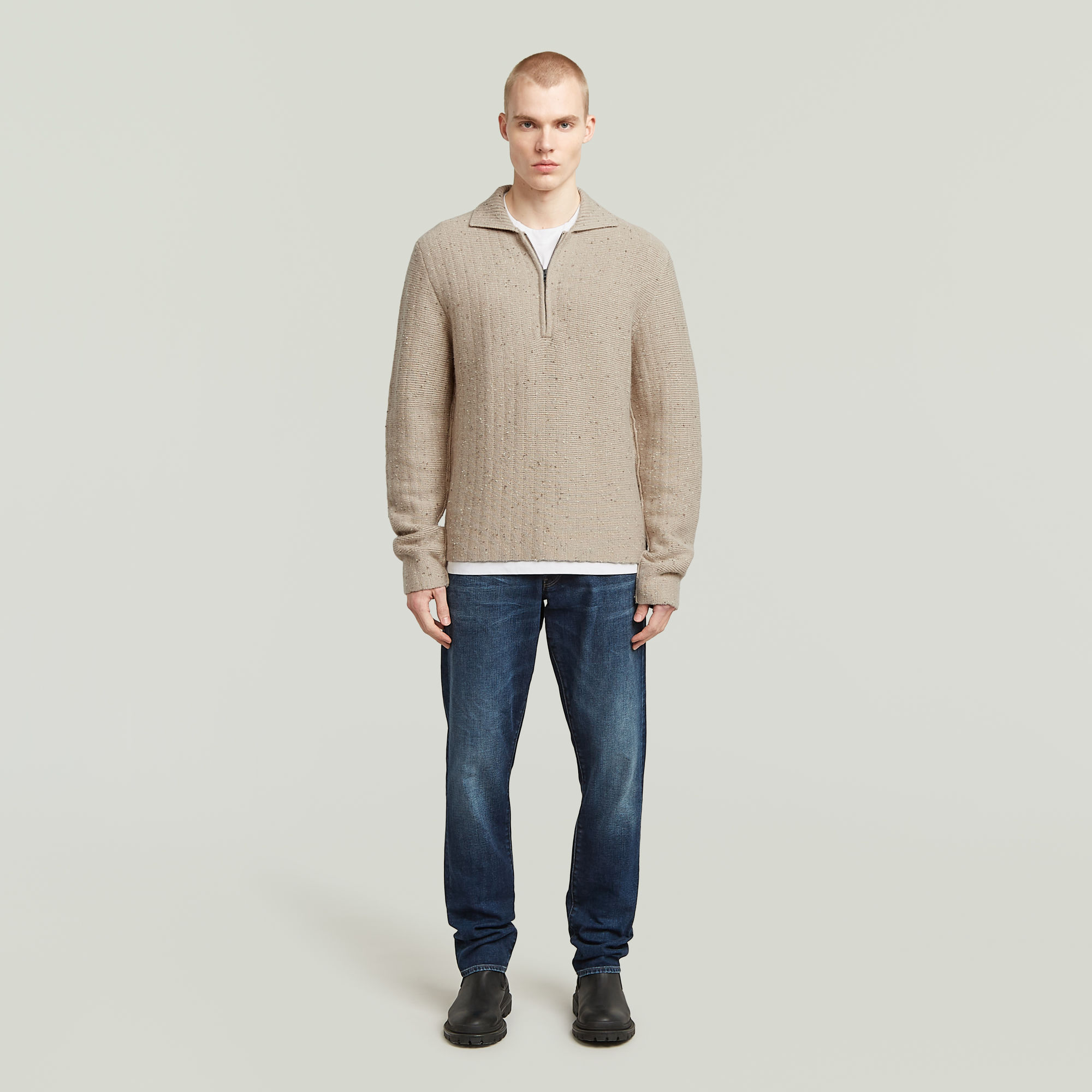 Thumbnail - Polo Collar Half Zip Knit - Beige - Herren