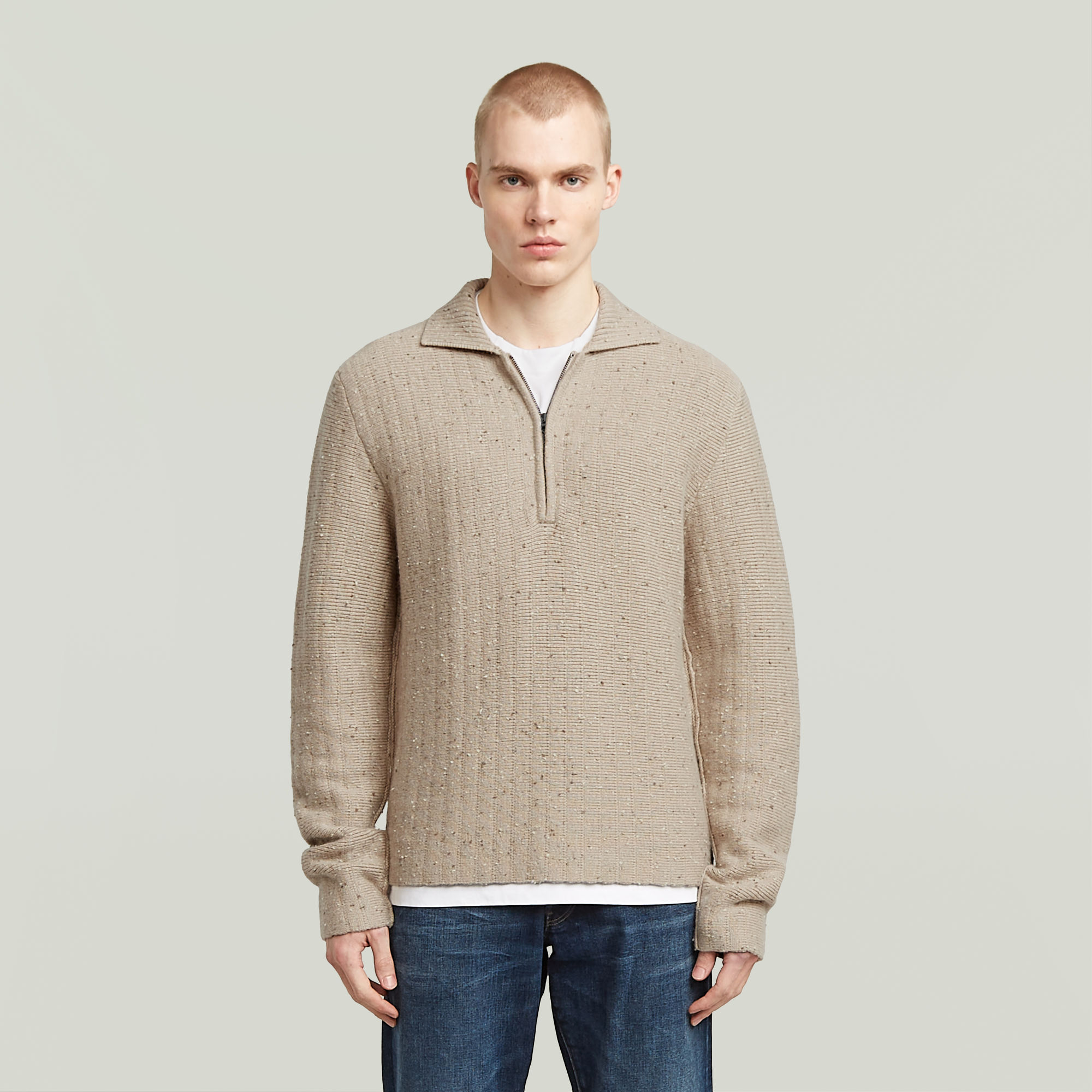 Polo Collar Half Zip Knit - Beige - Herren
