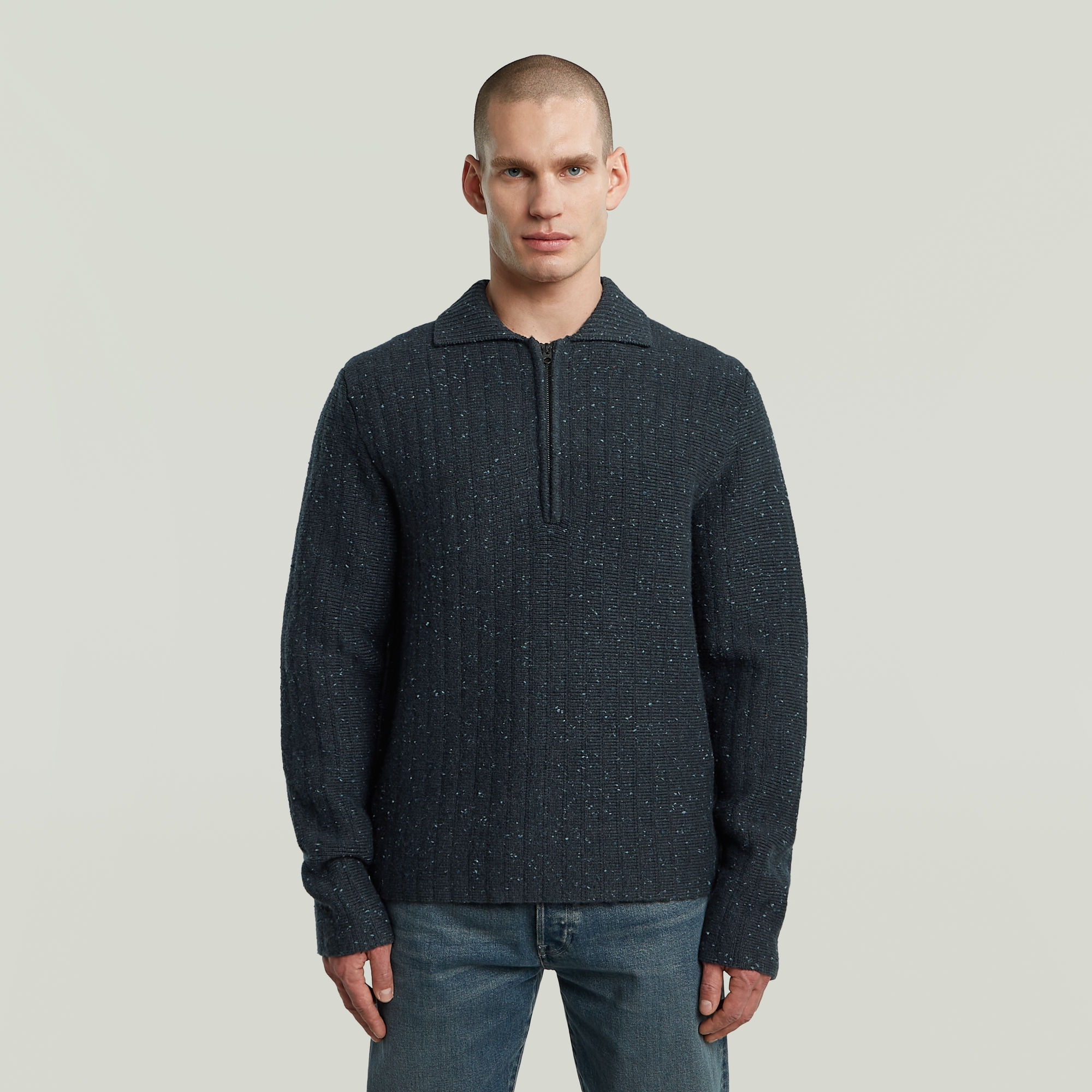 

Polo Collar Half Zip Knit - Dark blue - Men