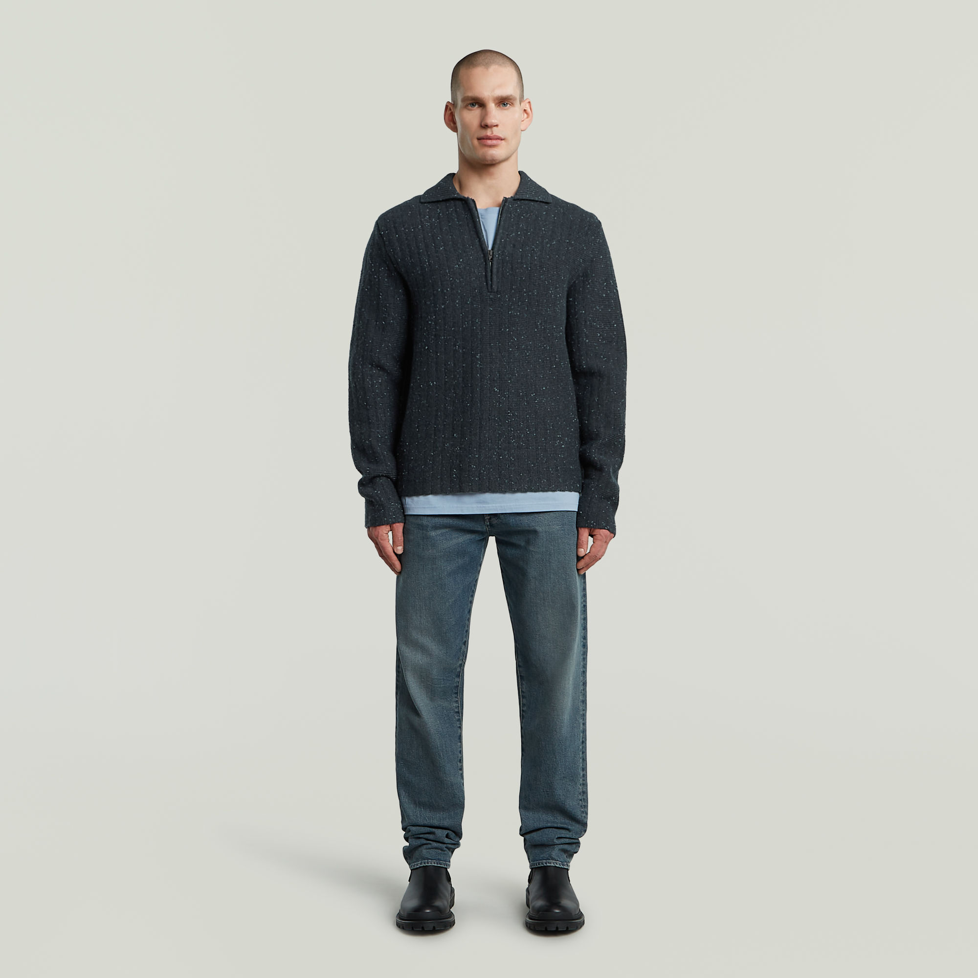 Thumbnail - Polo Collar Half Zip Knit - Dunkelblau - Herren