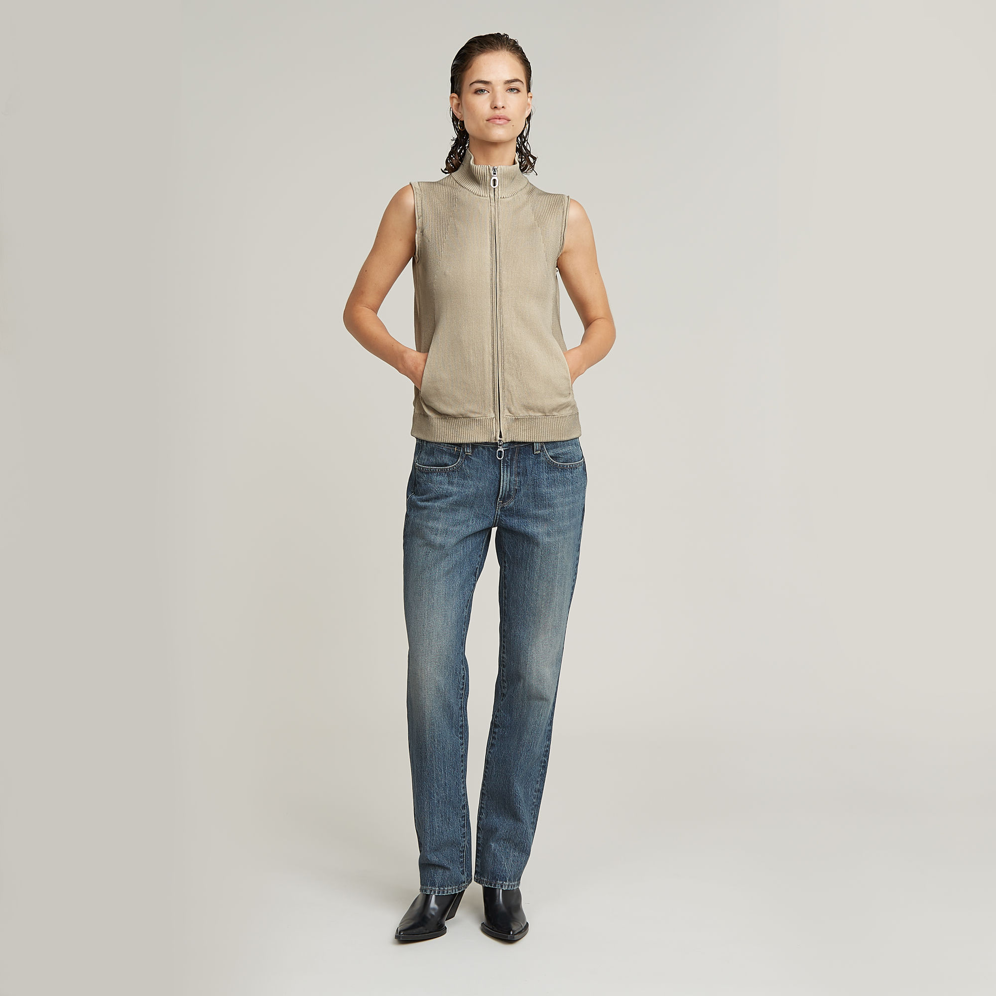 Thumbnail - Washed Lightweight Zip Knitted Top - Beige - Damen