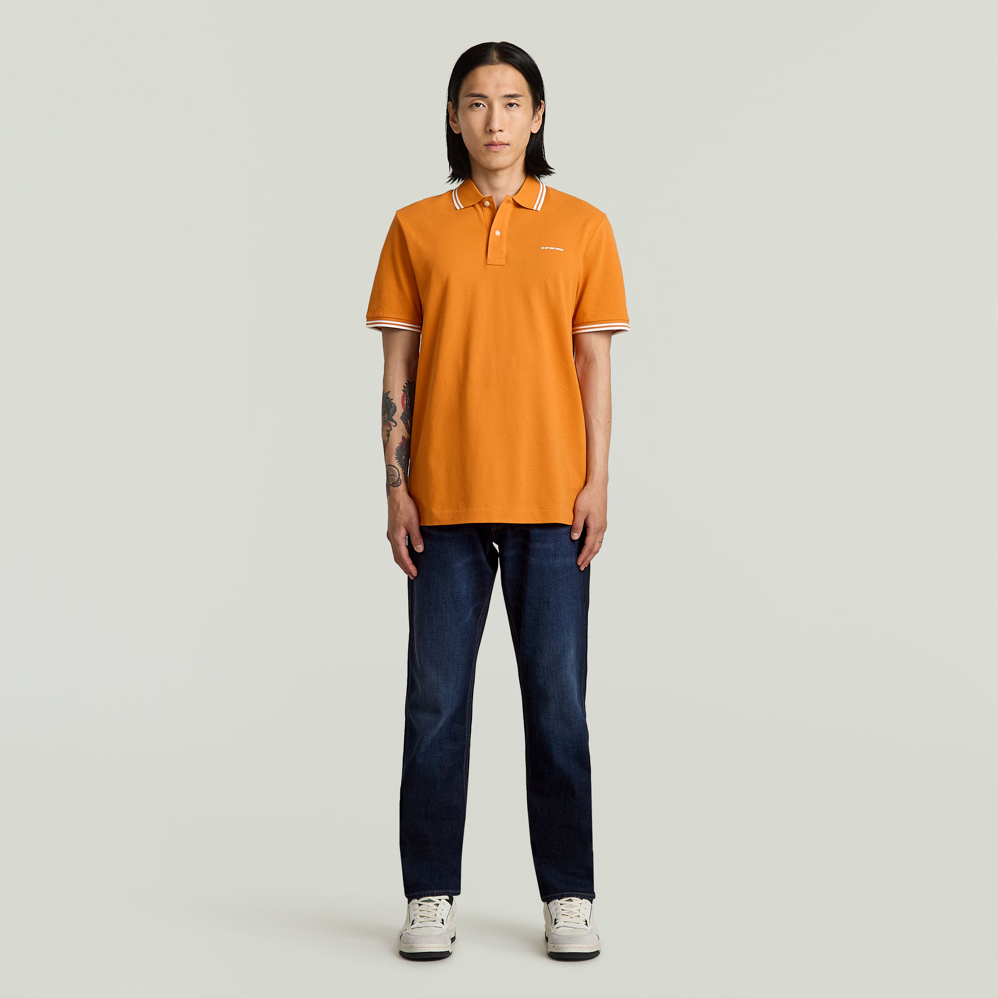 Thumbnail - Chest Logo Striped Poloshirt - Orange - Herren