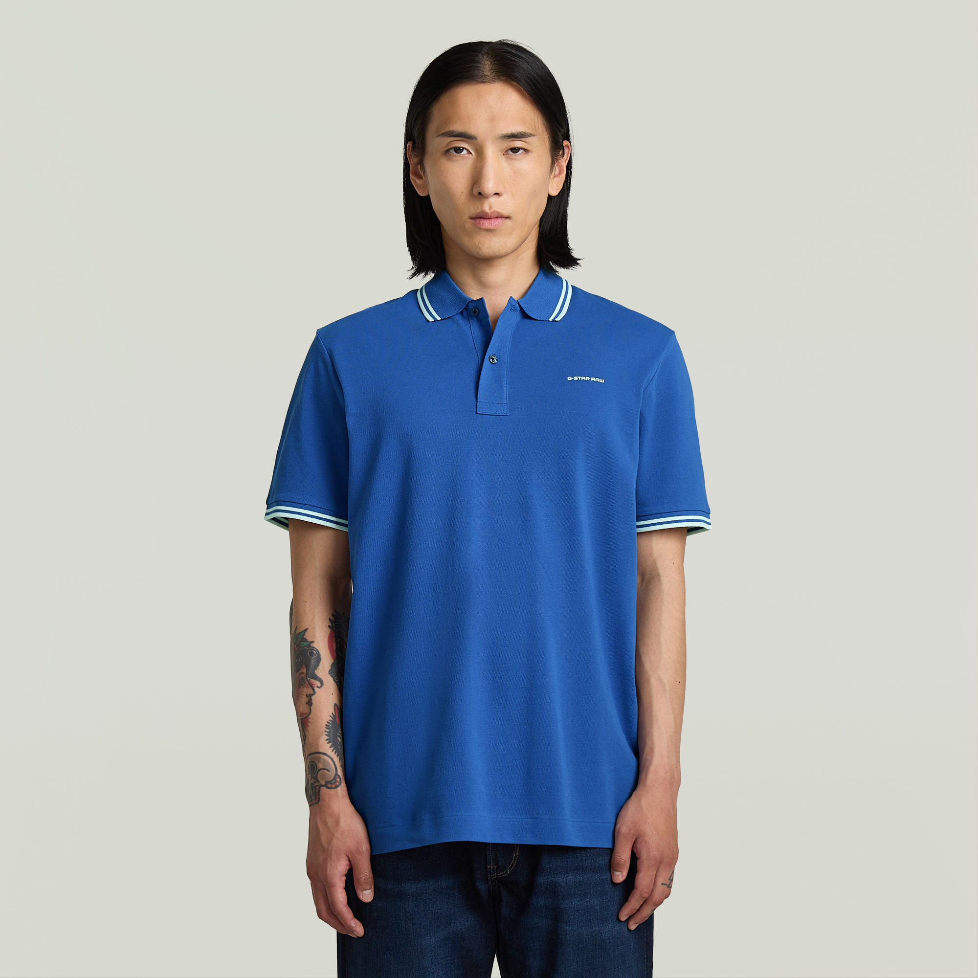 G-Star RAW Chest Logo Striped Polo Midden blauw Heren