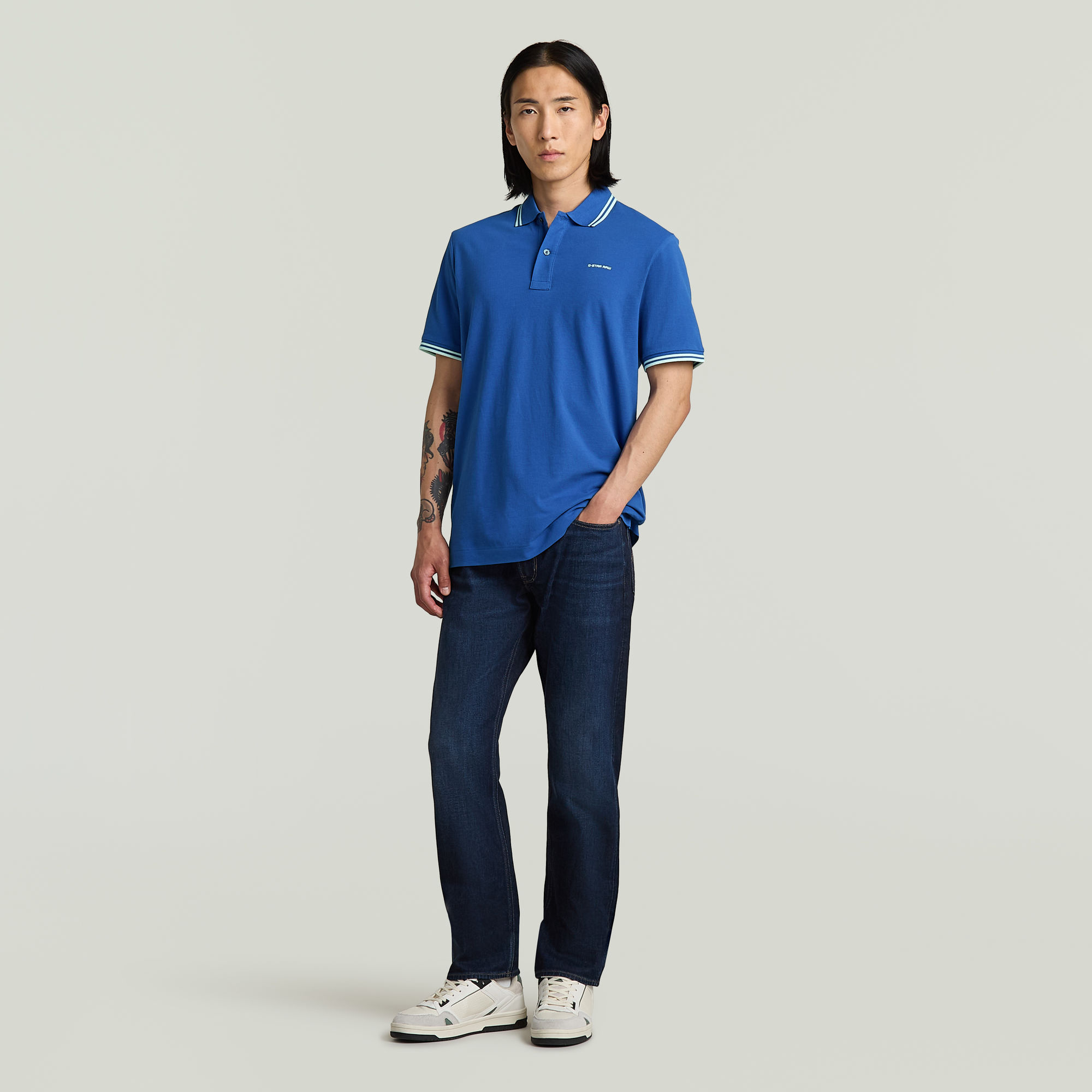 G-Star RAW Chest Logo Striped Polo Midden blauw Heren