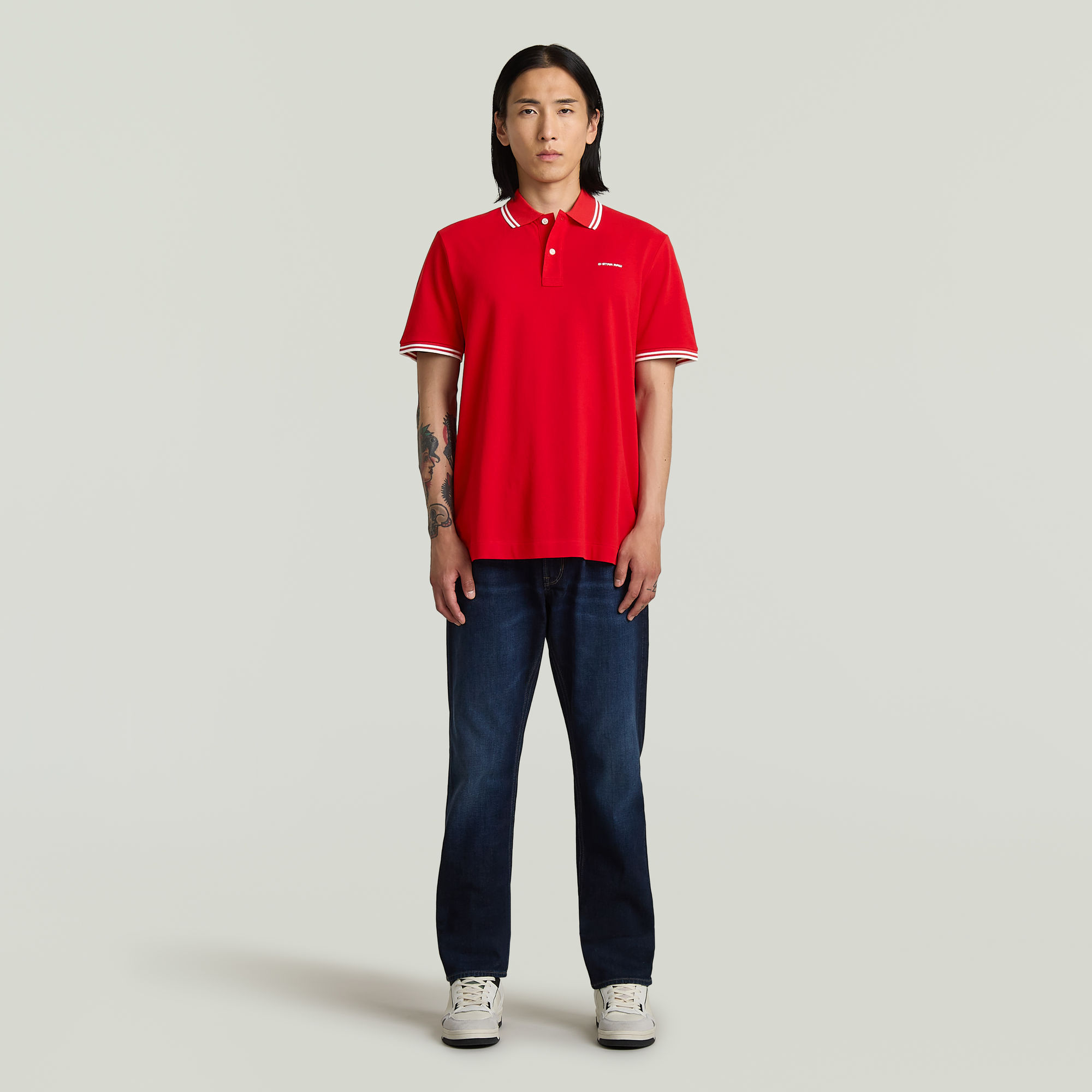 Thumbnail - Chest Logo Striped Poloshirt - Rot - Herren