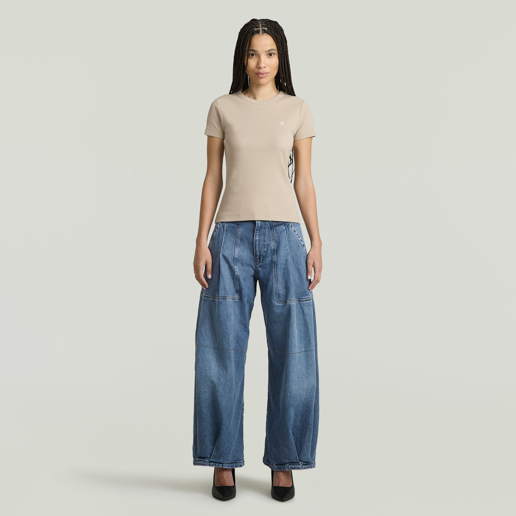 Thumbnail - Rib Cap Sleeve T-Shirt - Beige - Damen