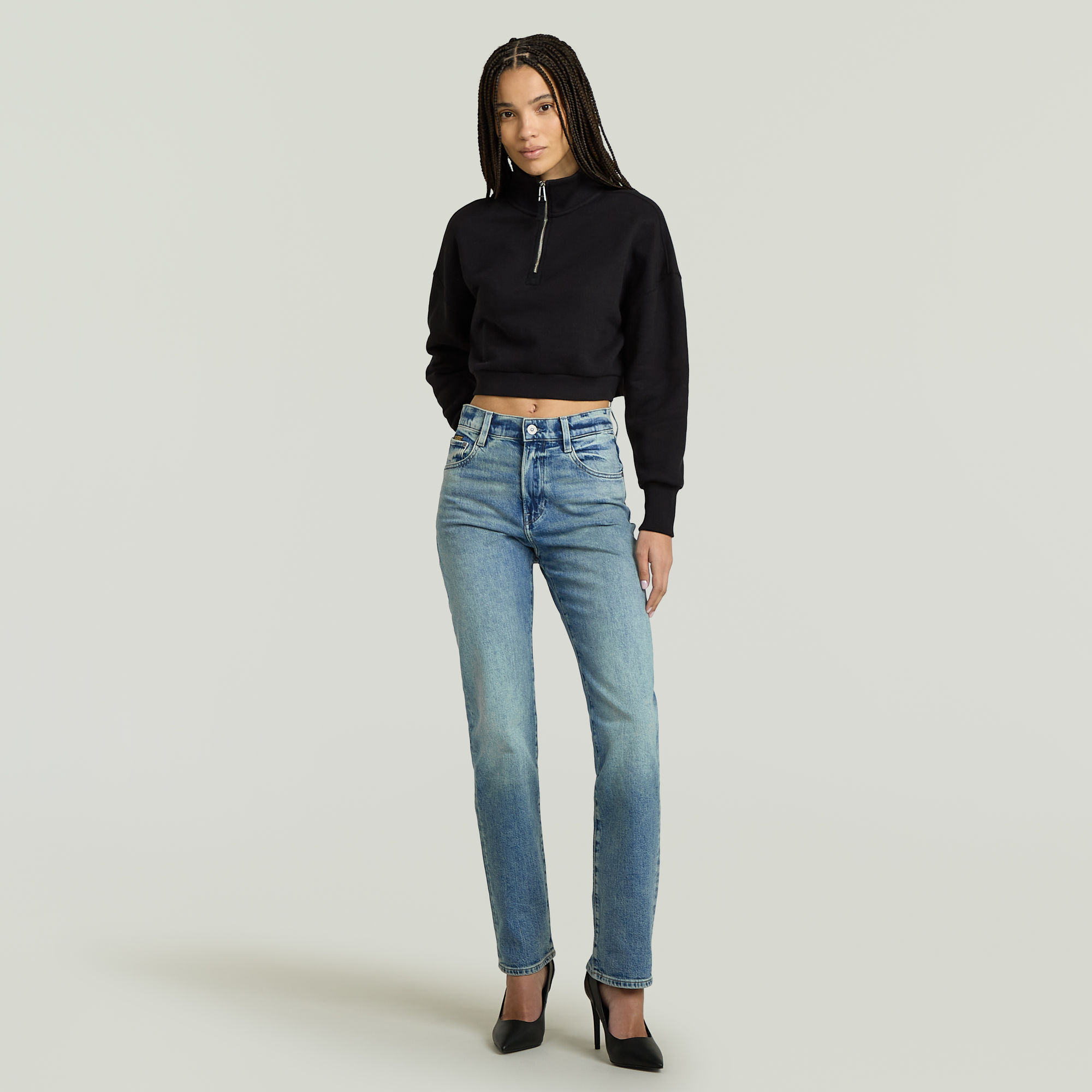 G-Star RAW Cropped Half Zip Loose Sweater Zwart Dames