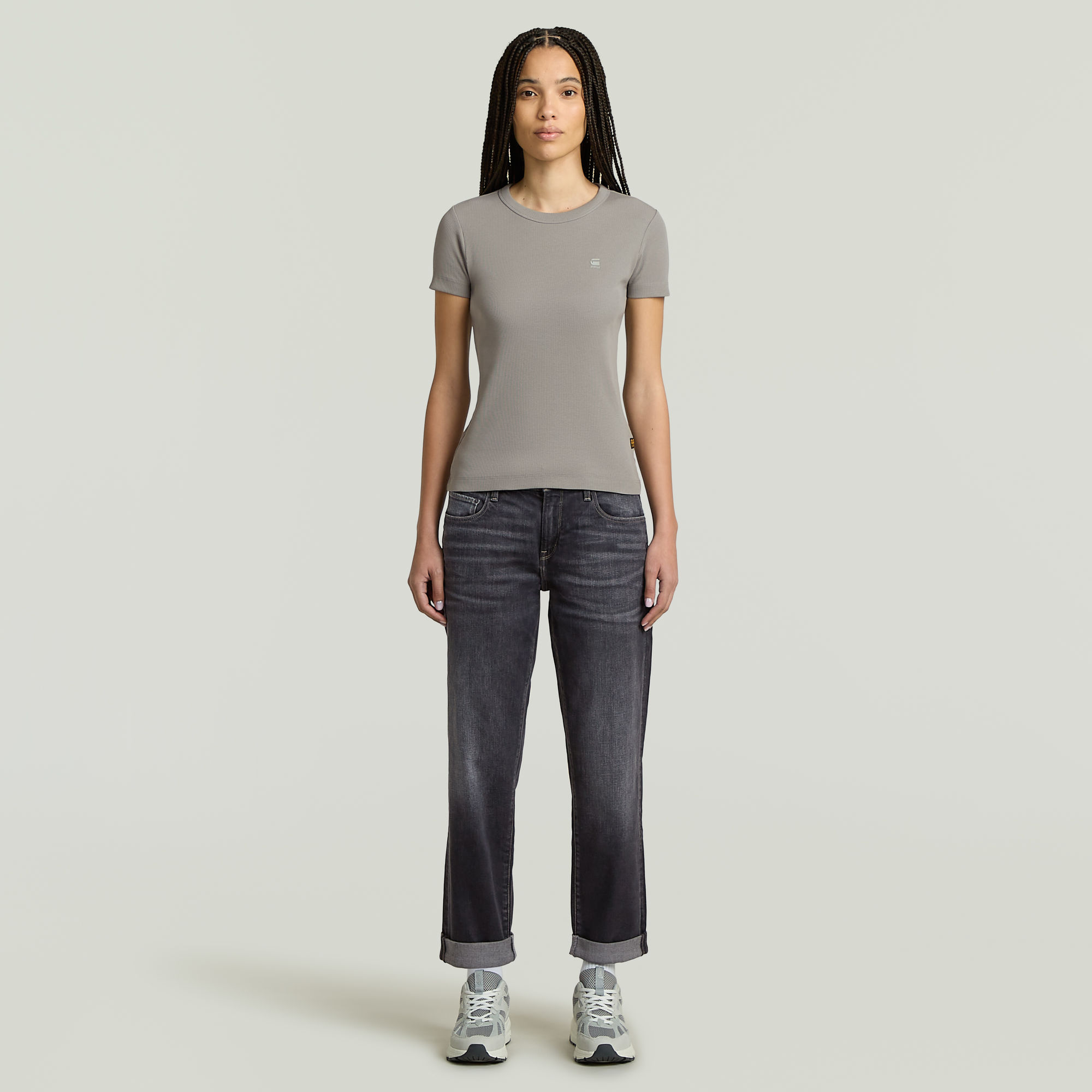 Thumbnail - Rib Cap Sleeve T-Shirt - Grau - Damen
