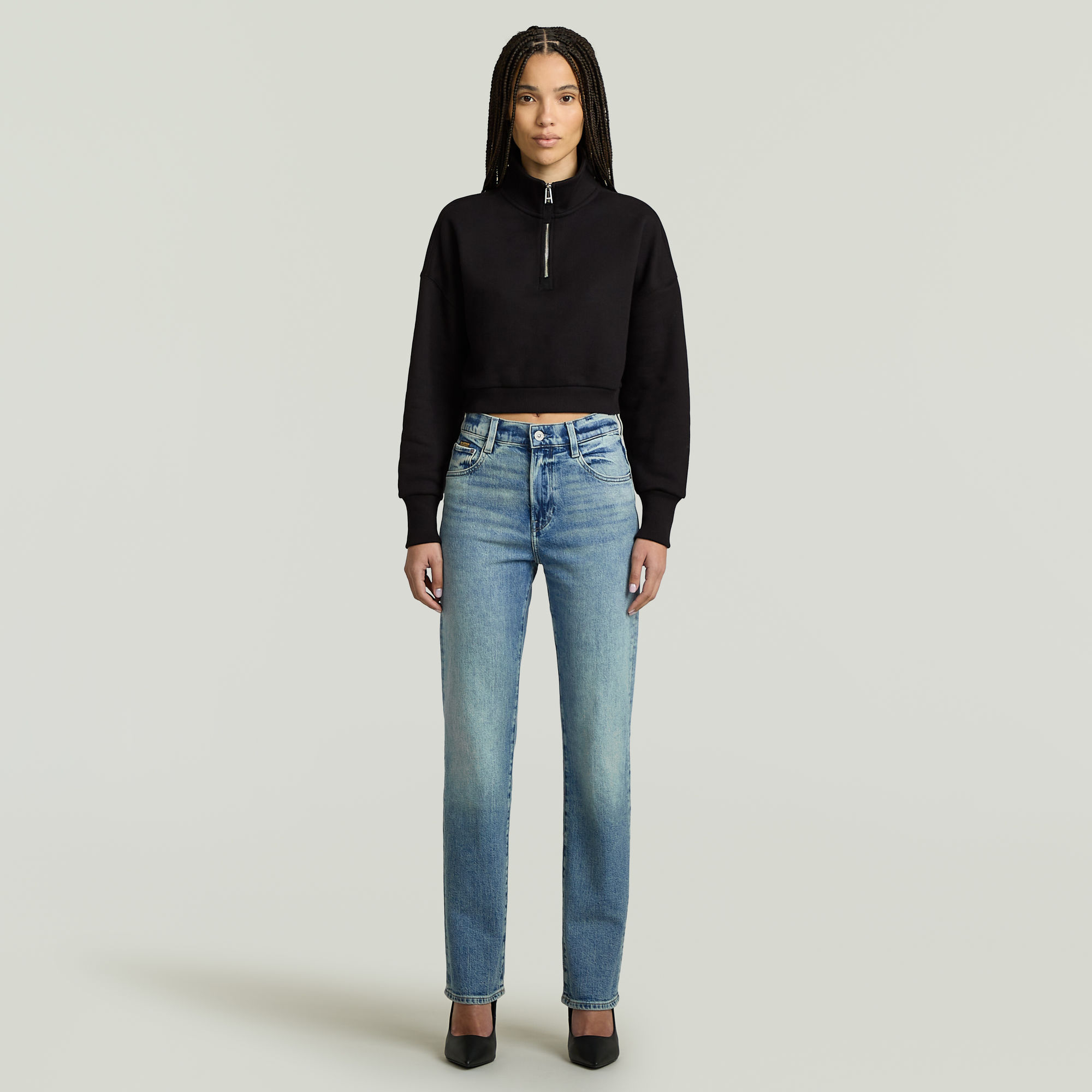 G-Star RAW Cropped Half Zip Loose Sweater Zwart Dames