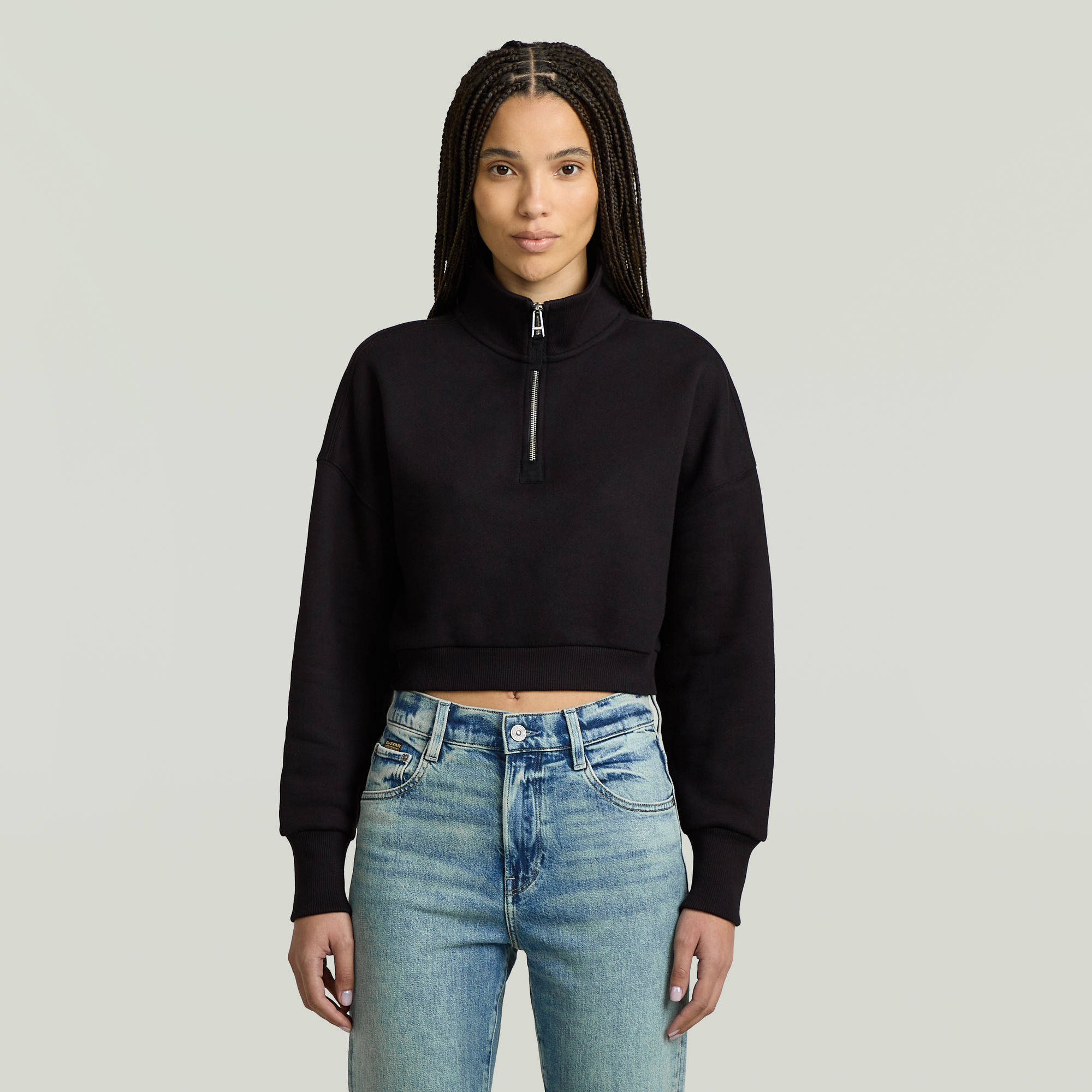 Cropped Half Zip Loose Sweatshirt - Schwarz - Damen