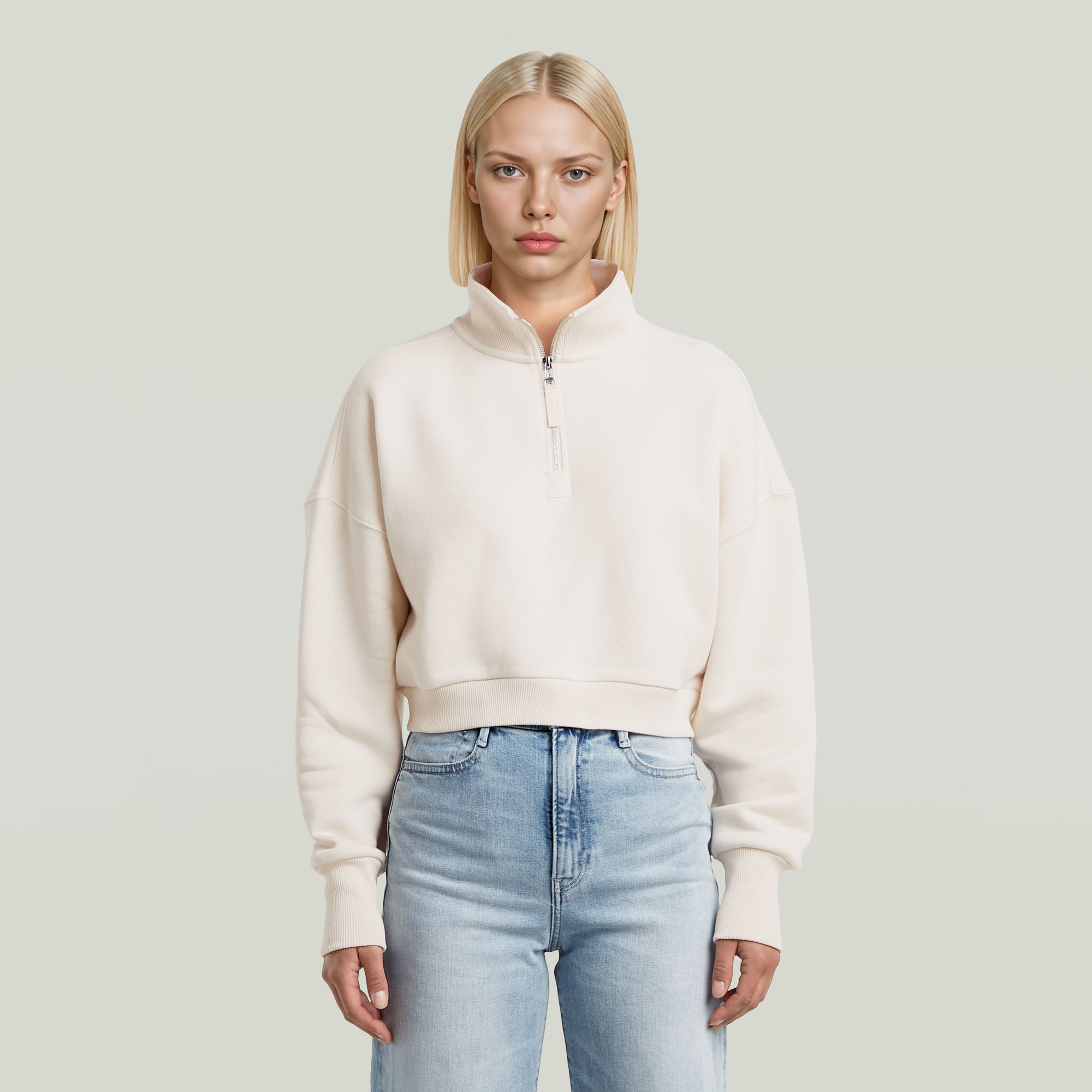 Cropped Half Zip Loose Sweatshirt - Weiß - Damen