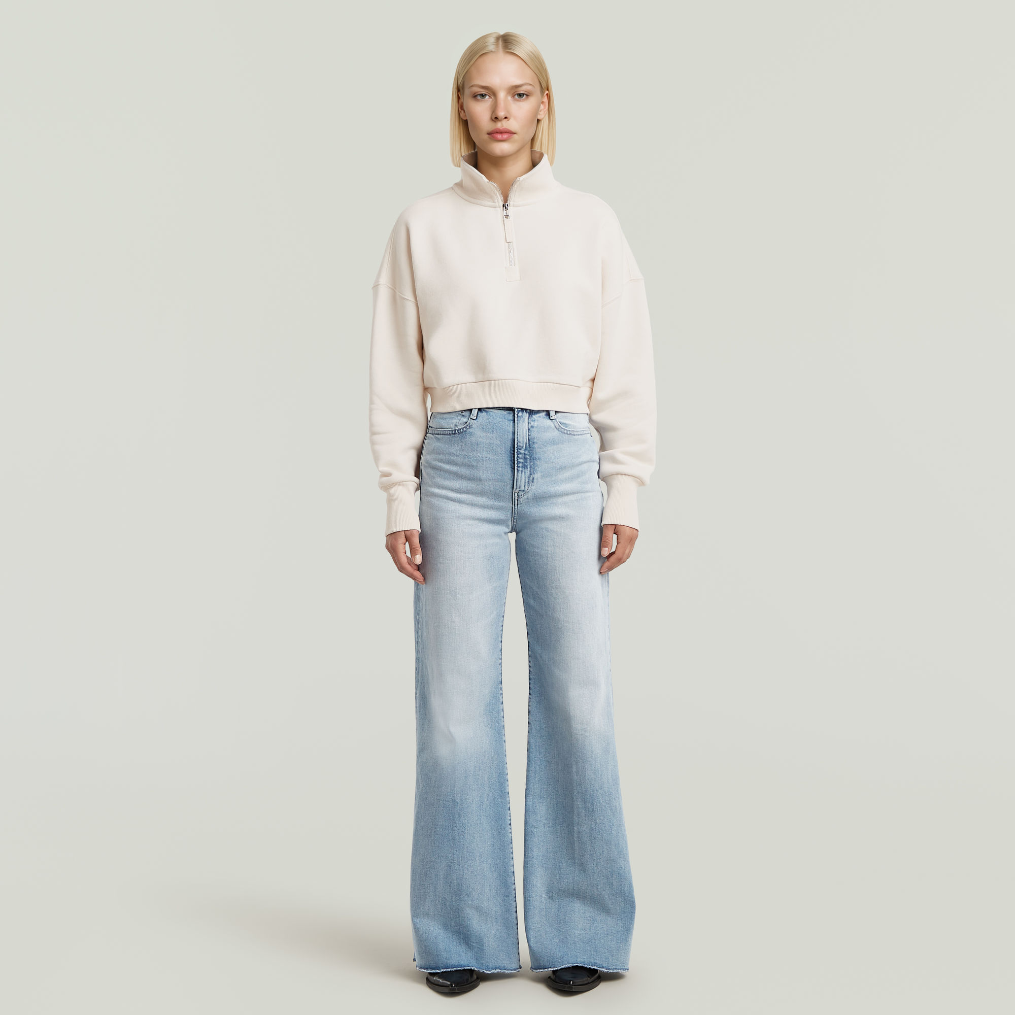 Thumbnail - Cropped Half Zip Loose Sweatshirt - Weiß - Damen