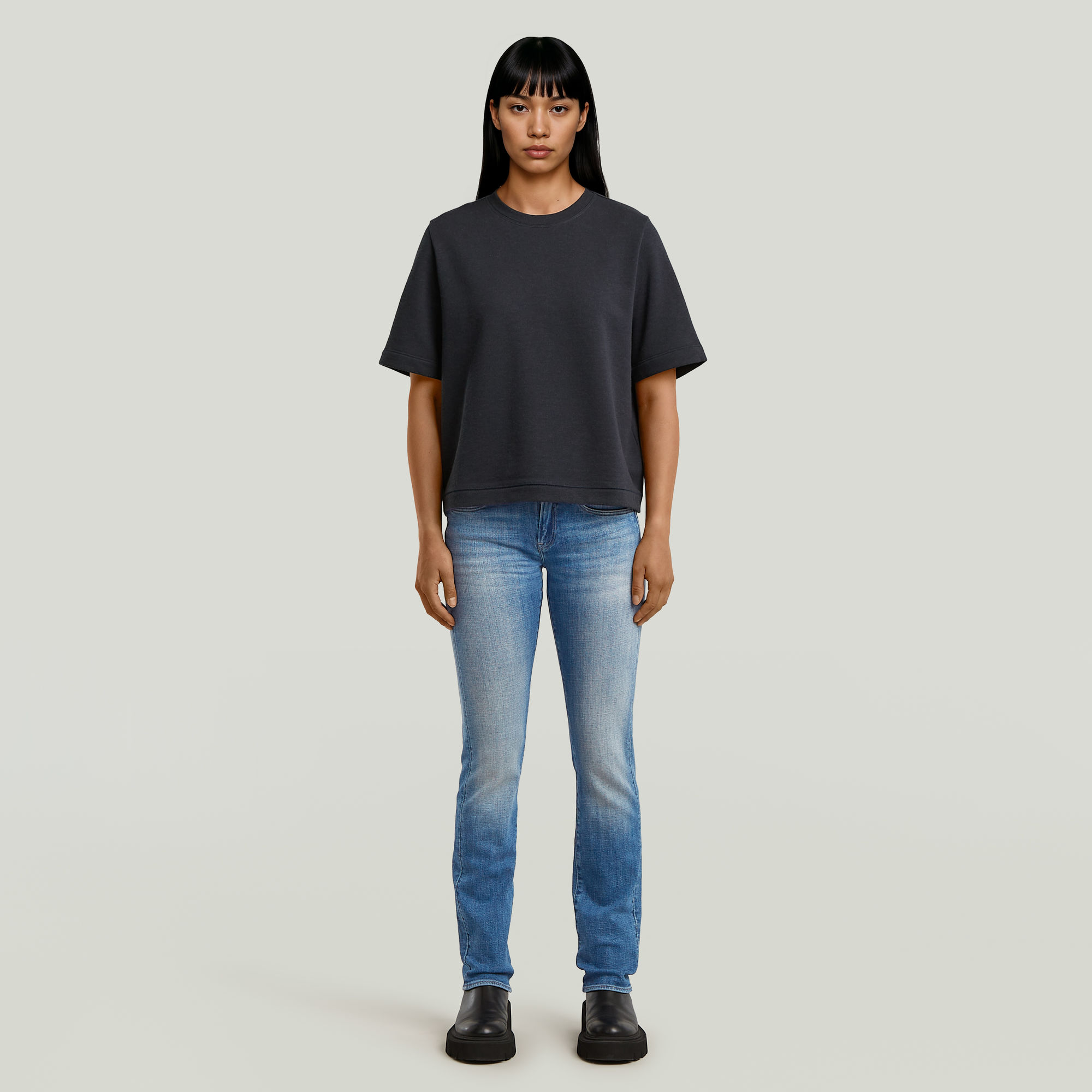 Thumbnail - Boxy T-Shirt Sweatshirt - Dunkelblau - Damen