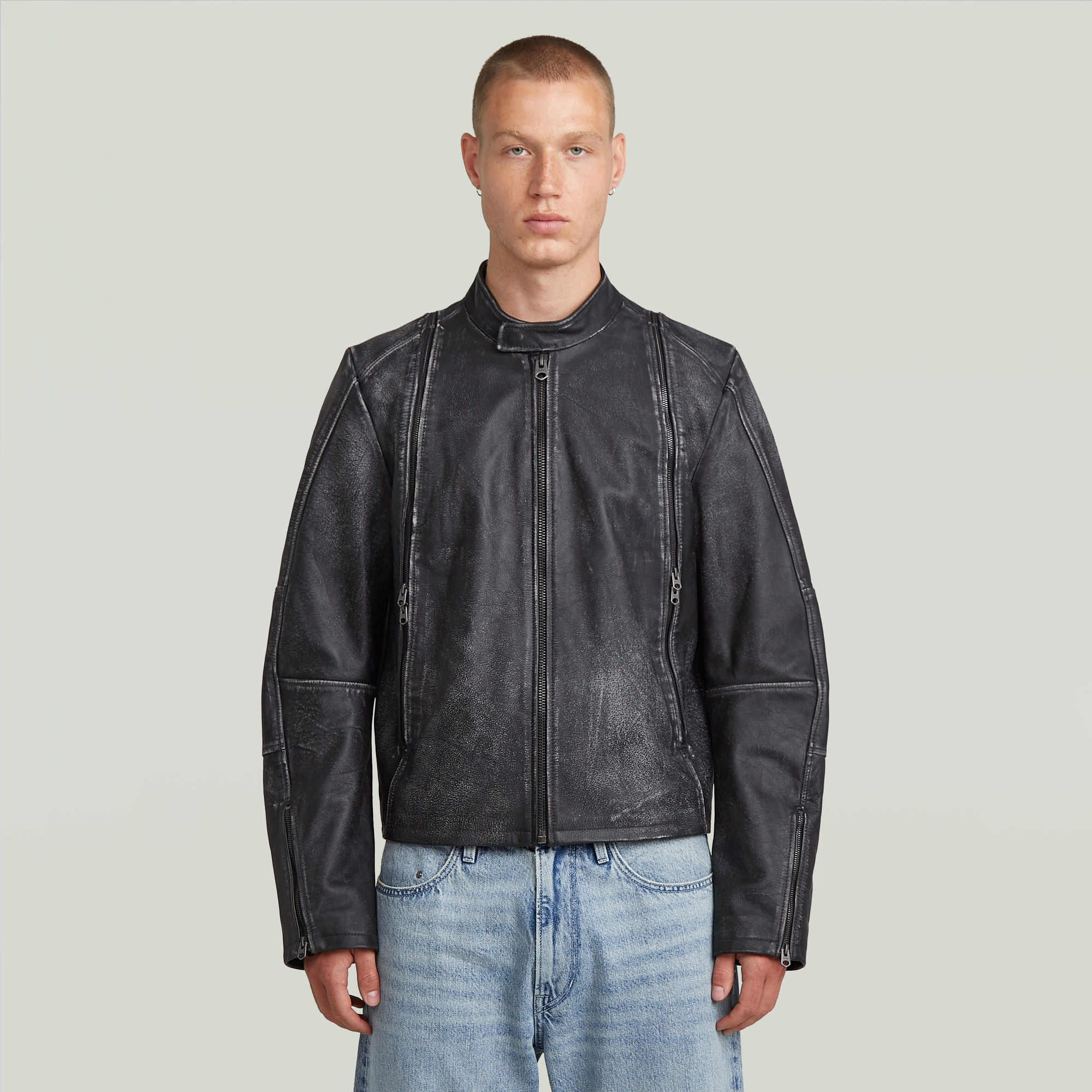 Leather Blouson Jacke - Grau - Herren