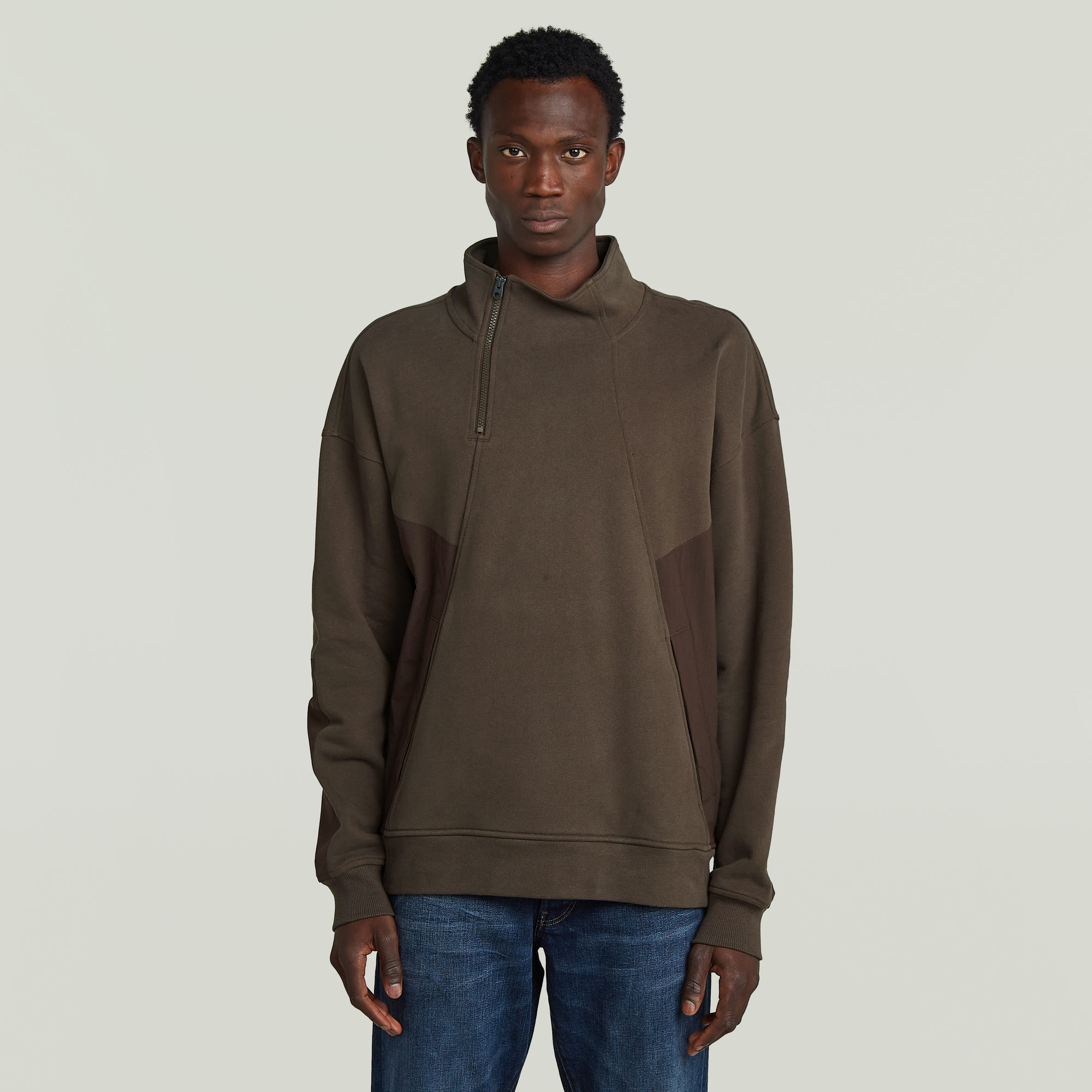 

Fabric Mix Half Zip Sweater - Brown - Men