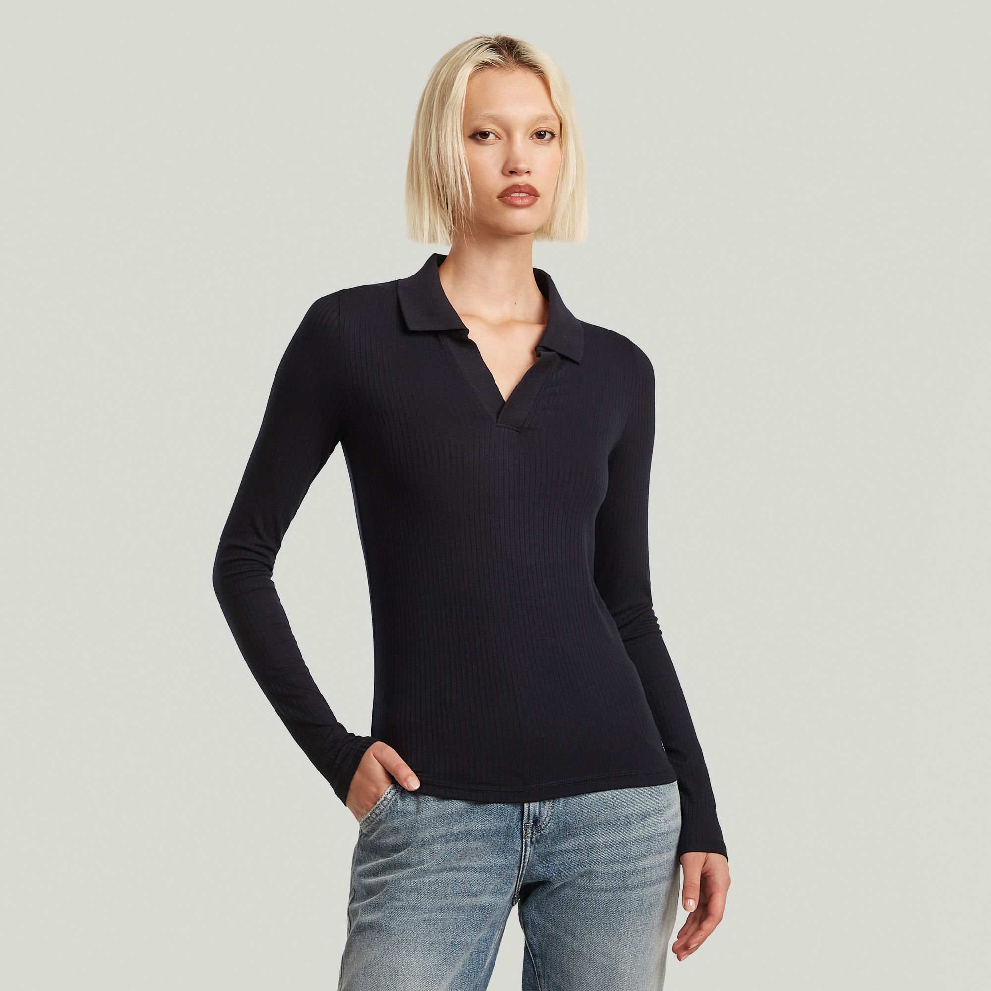 G-Star RAW Ribbed Slim Polo Zwart Dames